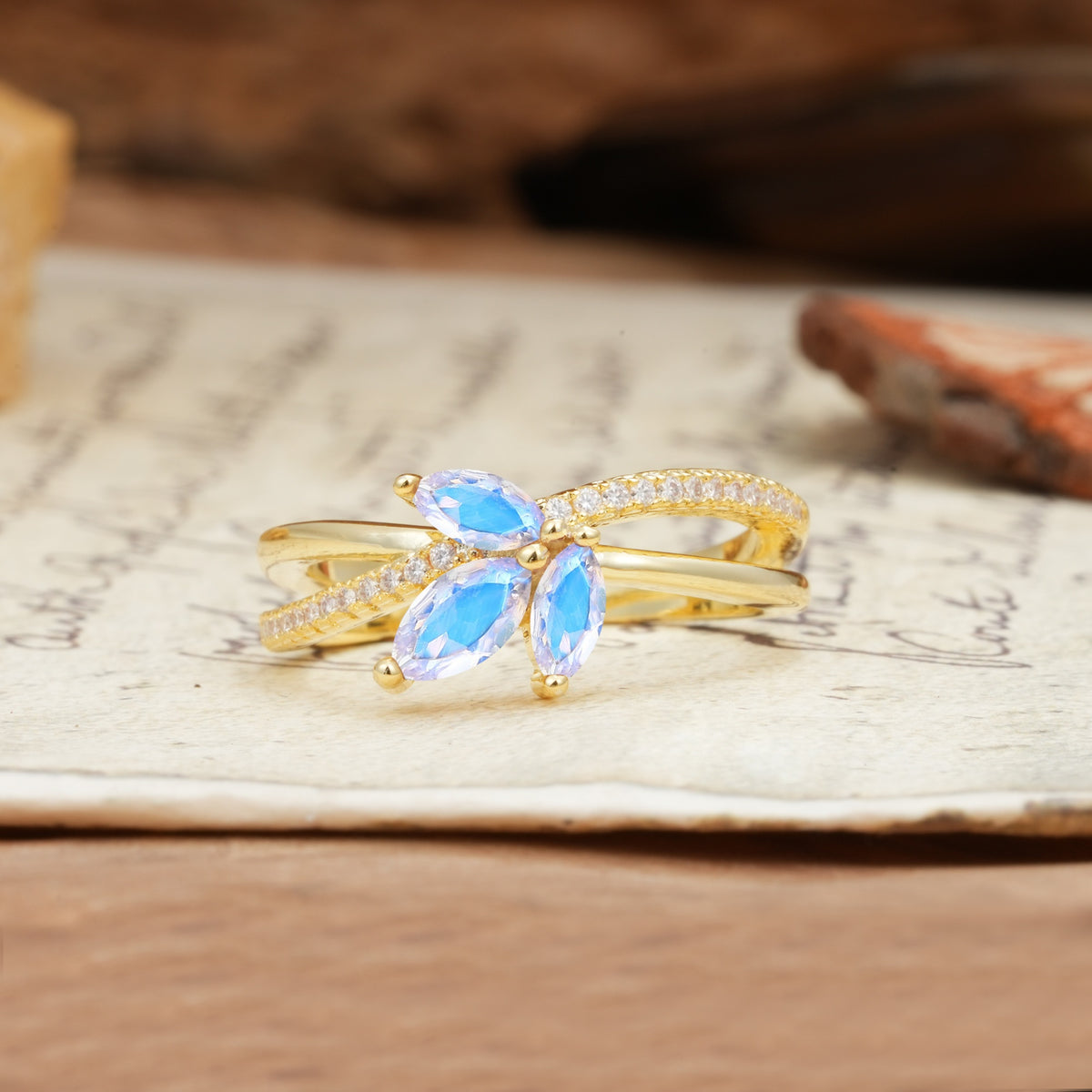 Natural Inspiration Clover Shape 2 Prong Marquise Cut Moonstone Engagement Ring - Additional view