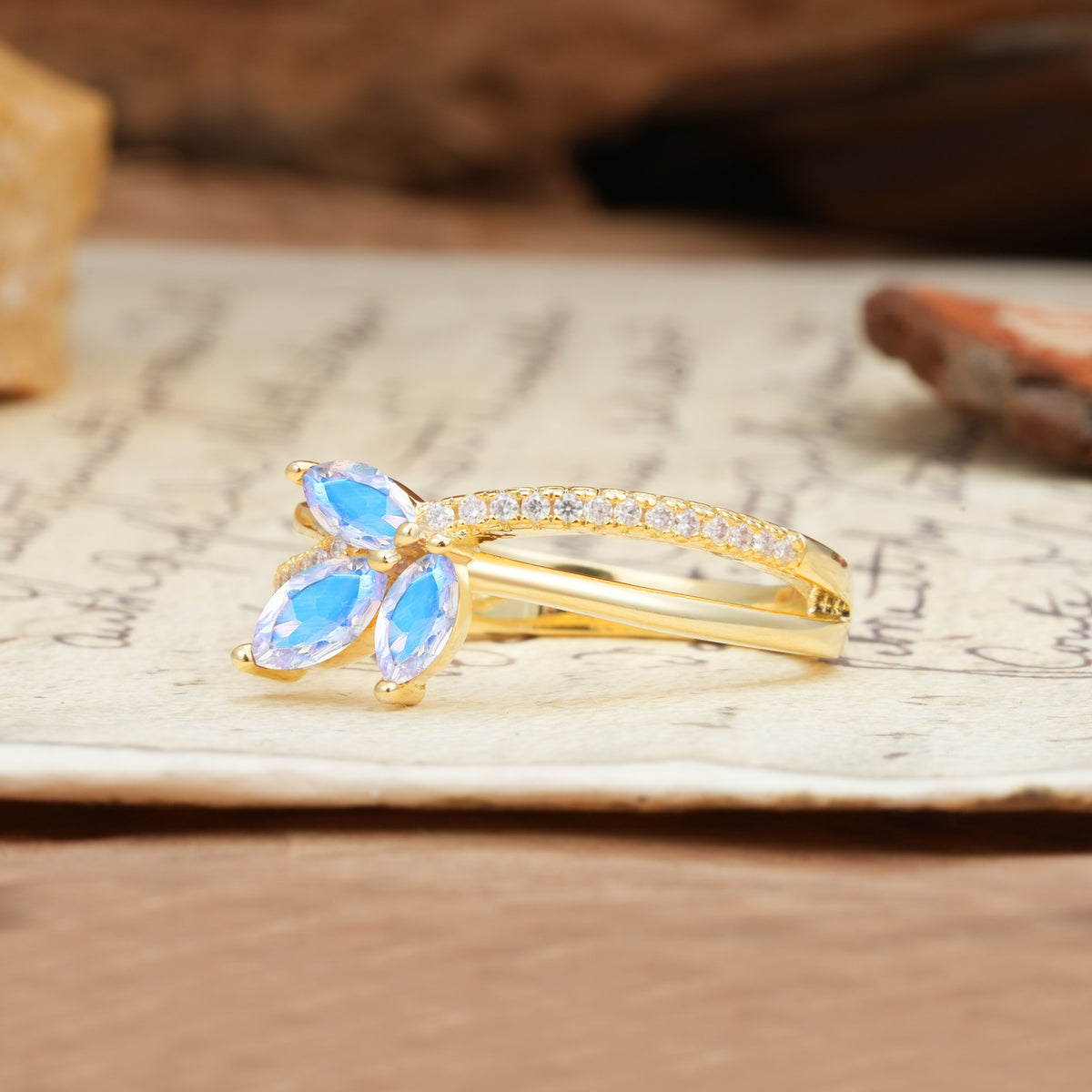 Natural Inspiration Clover Shape 2 Prong Marquise Cut Moonstone Engagement Ring - Additional view