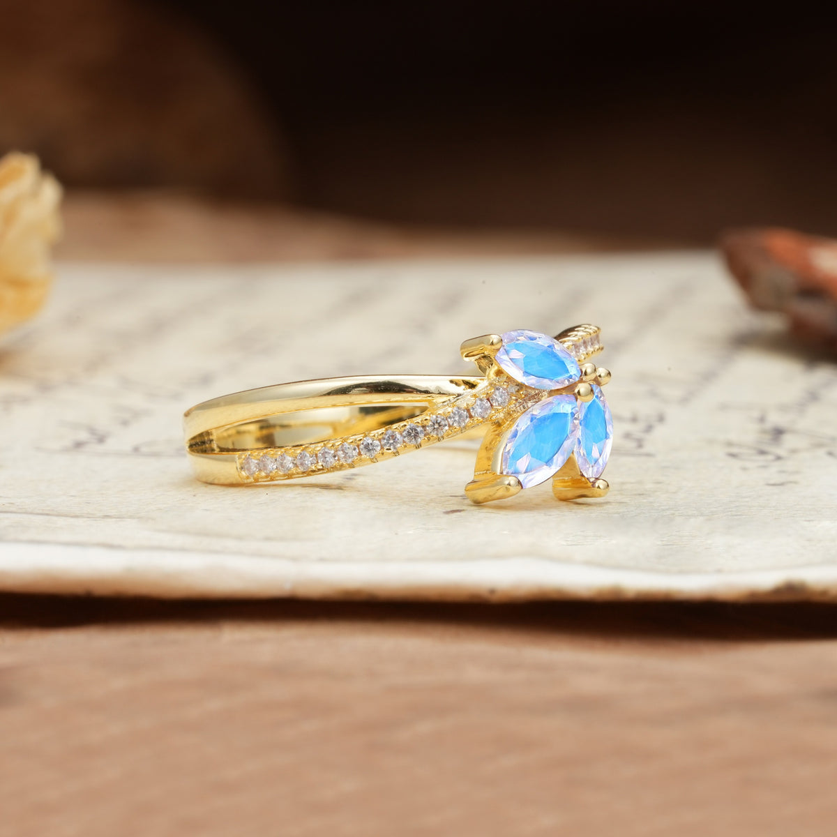 Natural Inspiration Clover Shape 2 Prong Marquise Cut Moonstone Engagement Ring - Additional view