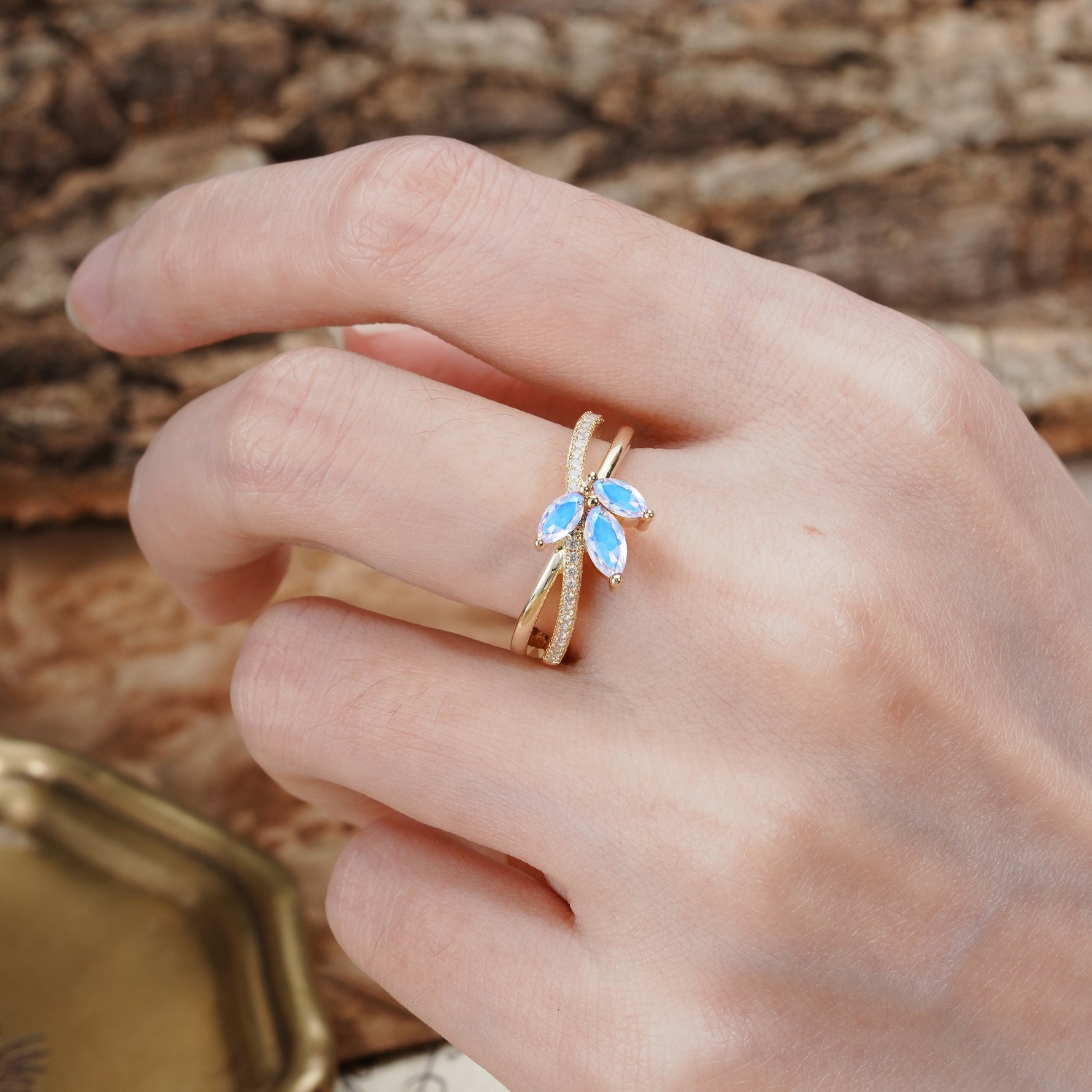 Natural Inspiration Clover Shape 2 Prong Marquise Cut Moonstone Engagement Ring - Additional view