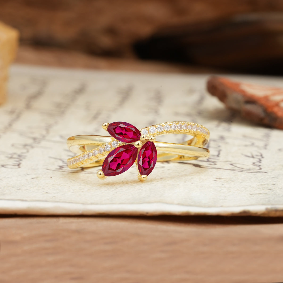 Natural Inspiration Clover Shape 2 Prong Marquise Cut Ruby Engagement Ring - Additional view
