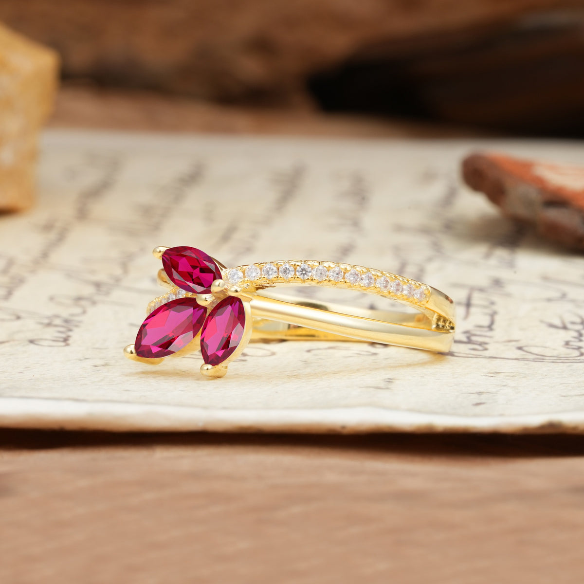 Natural Inspiration Clover Shape 2 Prong Marquise Cut Ruby Engagement Ring - Additional view