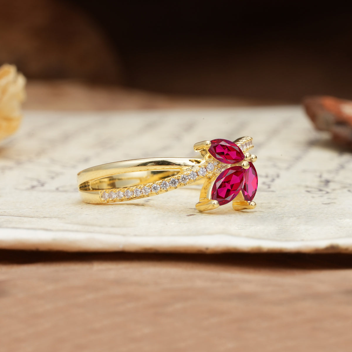 Natural Inspiration Clover Shape 2 Prong Marquise Cut Ruby Engagement Ring - Additional view