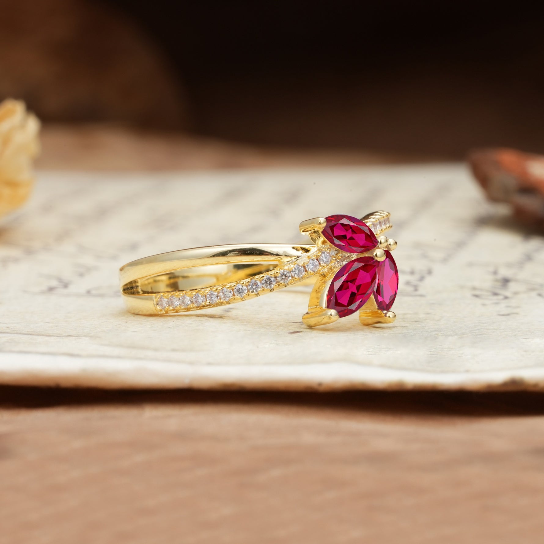 Natural Inspiration Clover Shape 2 Prong Marquise Cut Ruby Engagement Ring - Additional view