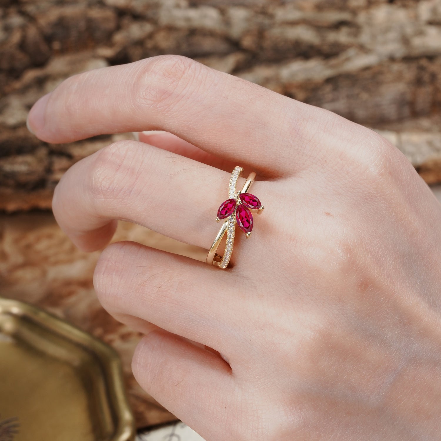 Natural Inspiration Clover Shape 2 Prong Marquise Cut Ruby Engagement Ring - Additional view