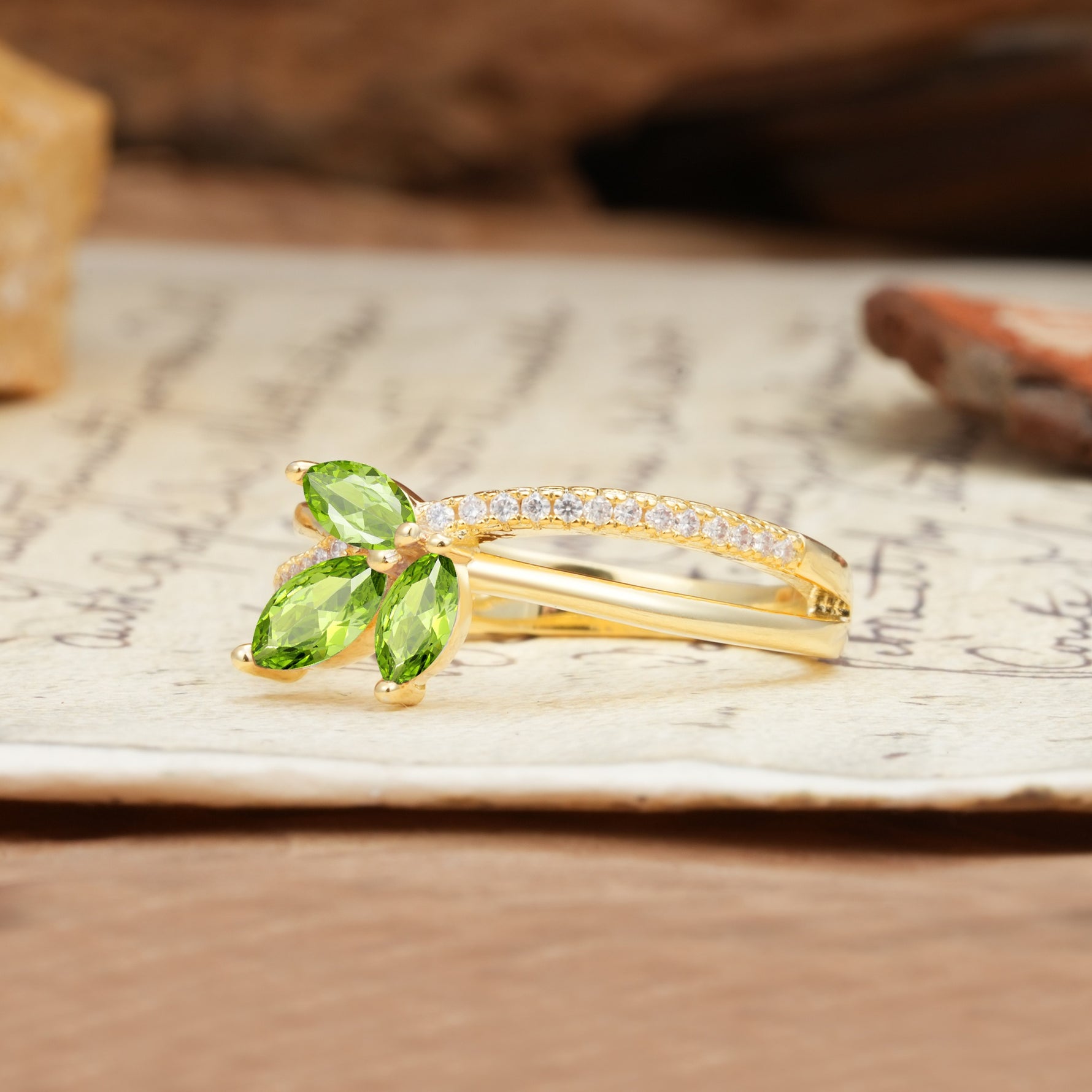 Natural Inspiration Clover Shape 2 Prong Marquise Cut Peridot Engagement Ring - Additional view