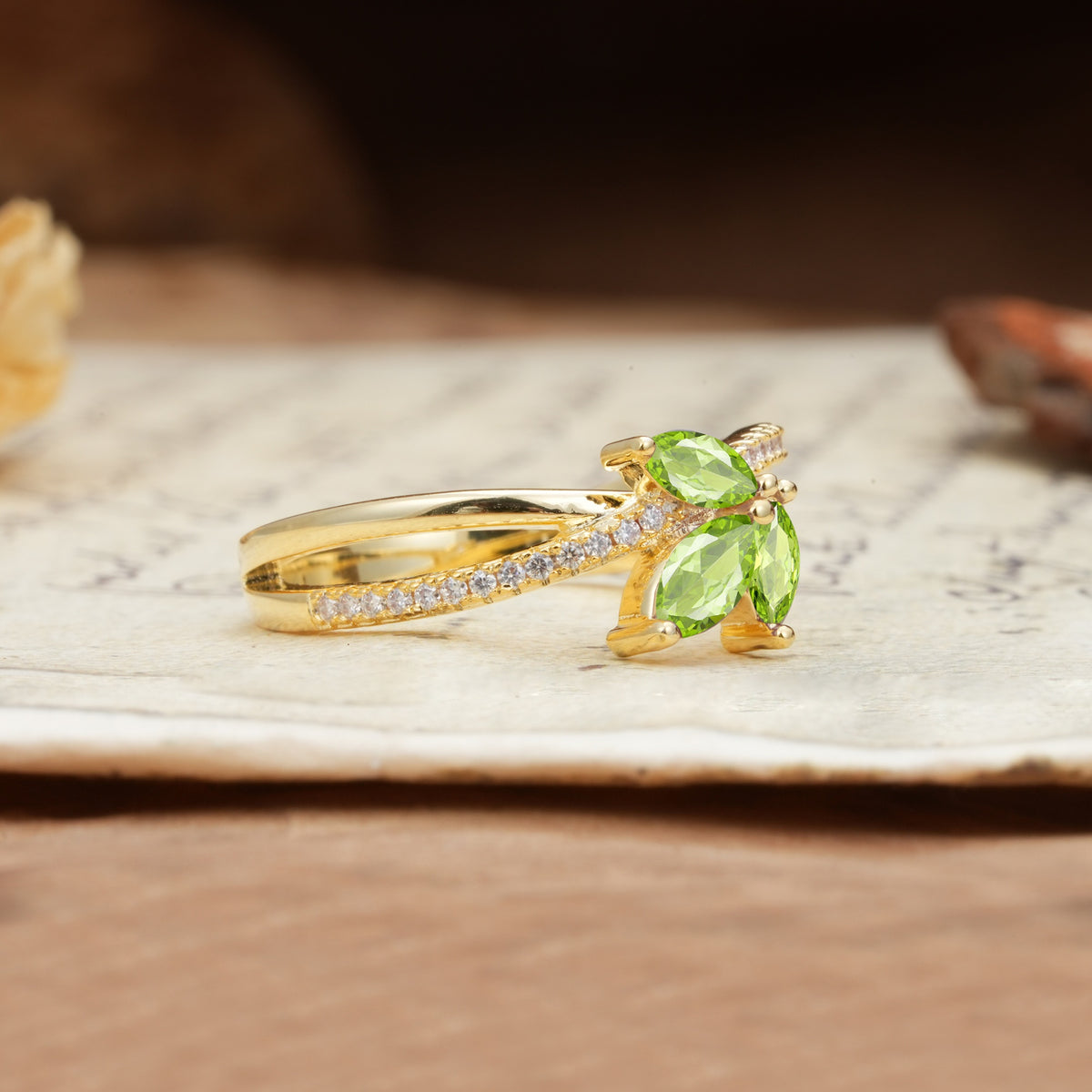 Natural Inspiration Clover Shape 2 Prong Marquise Cut Peridot Engagement Ring - Additional view
