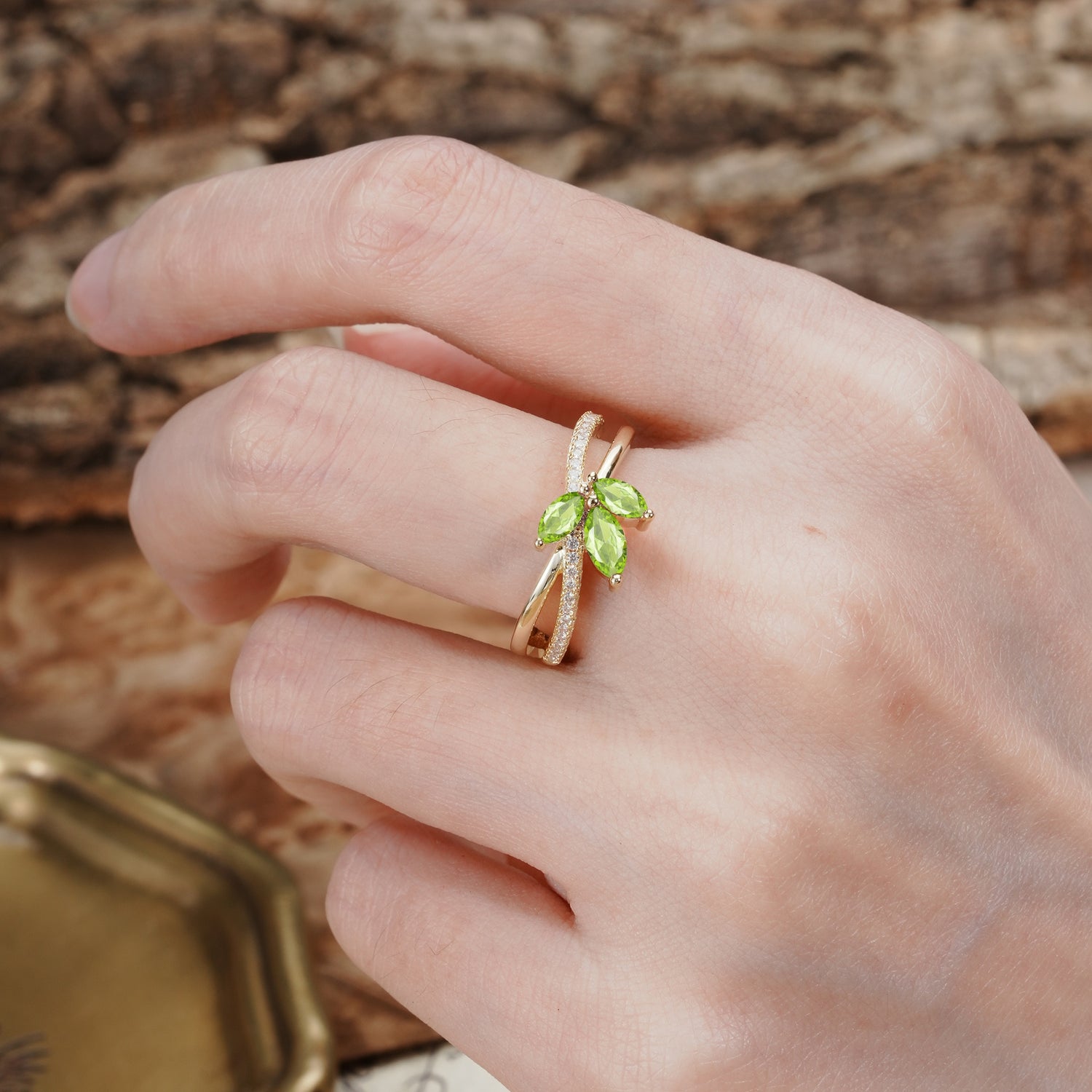Natural Inspiration Clover Shape 2 Prong Marquise Cut Peridot Engagement Ring - Additional view