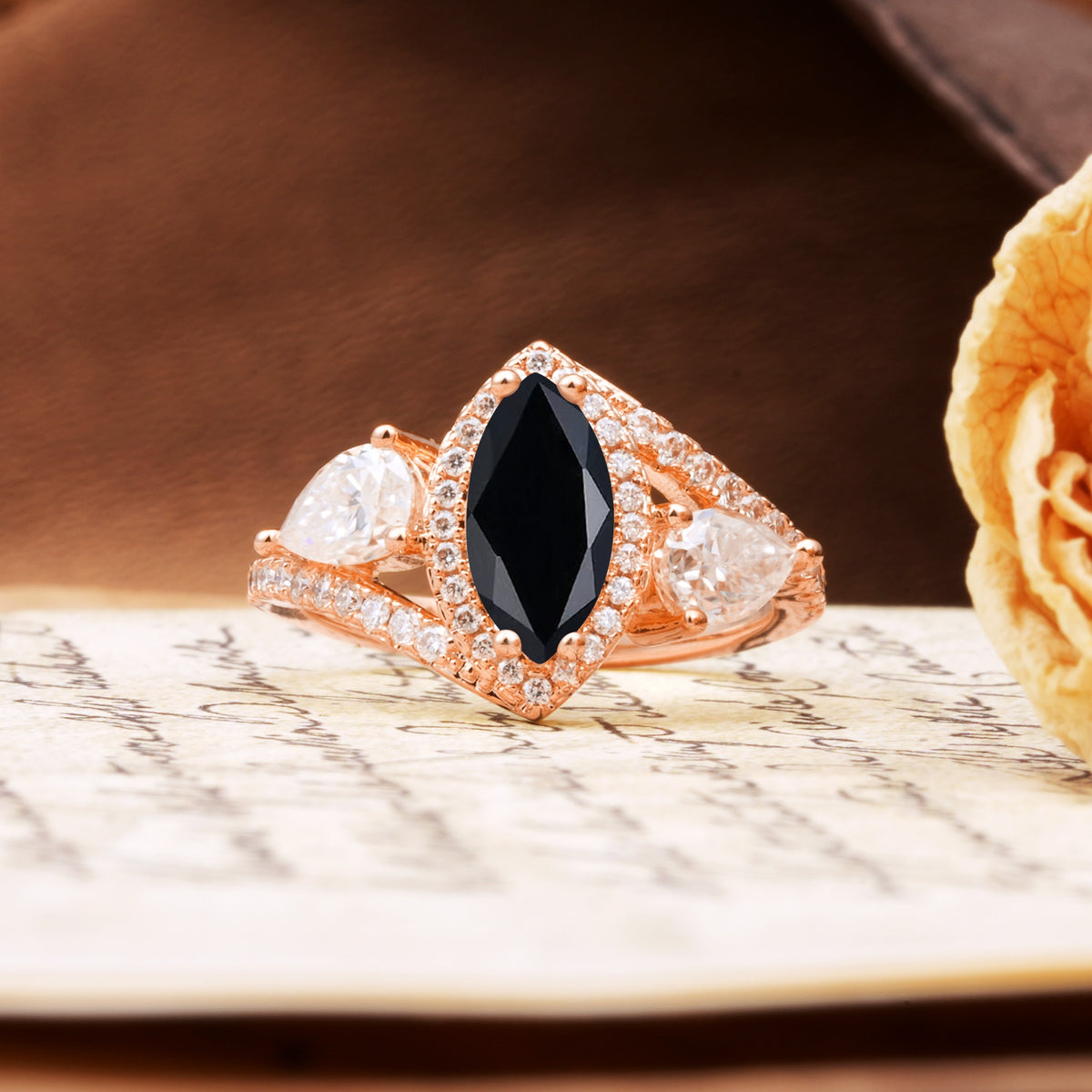 Classic Vintage Luxury 4-Prong Marquise Cut Black Onyx Engagement Ring - Additional view