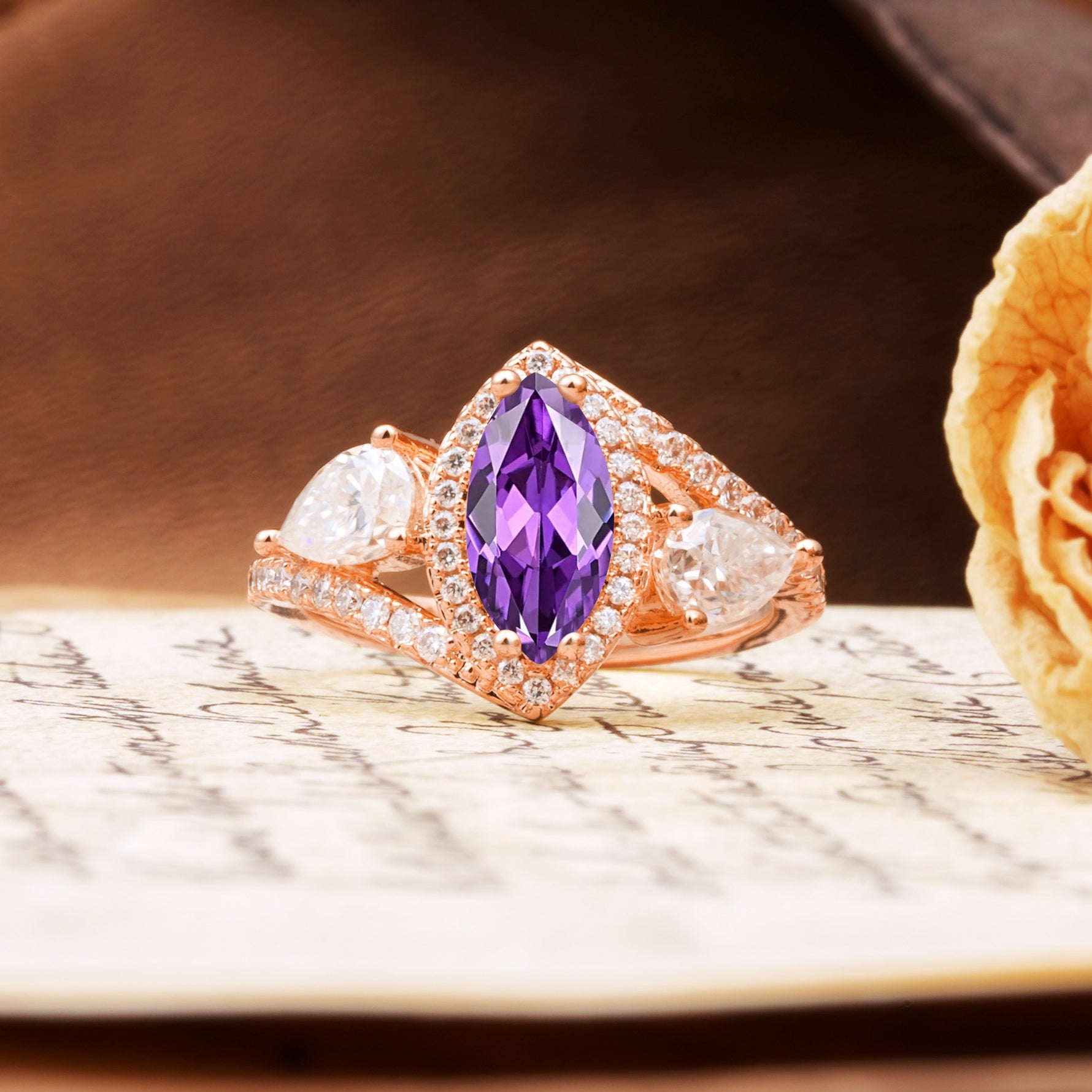 Classic Vintage Luxury 4-Prong Marquise Cut Amethyst Engagement Ring - Additional view