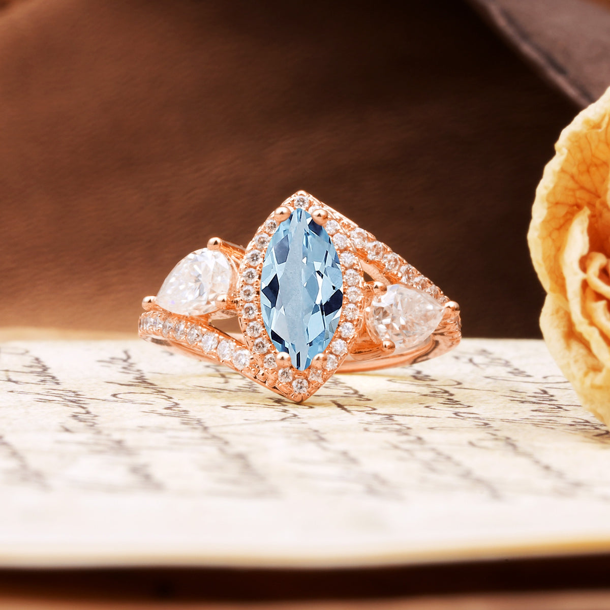 Classic Vintage Luxury 4-Prong Marquise Cut Aquamarine Engagement Ring - Additional view