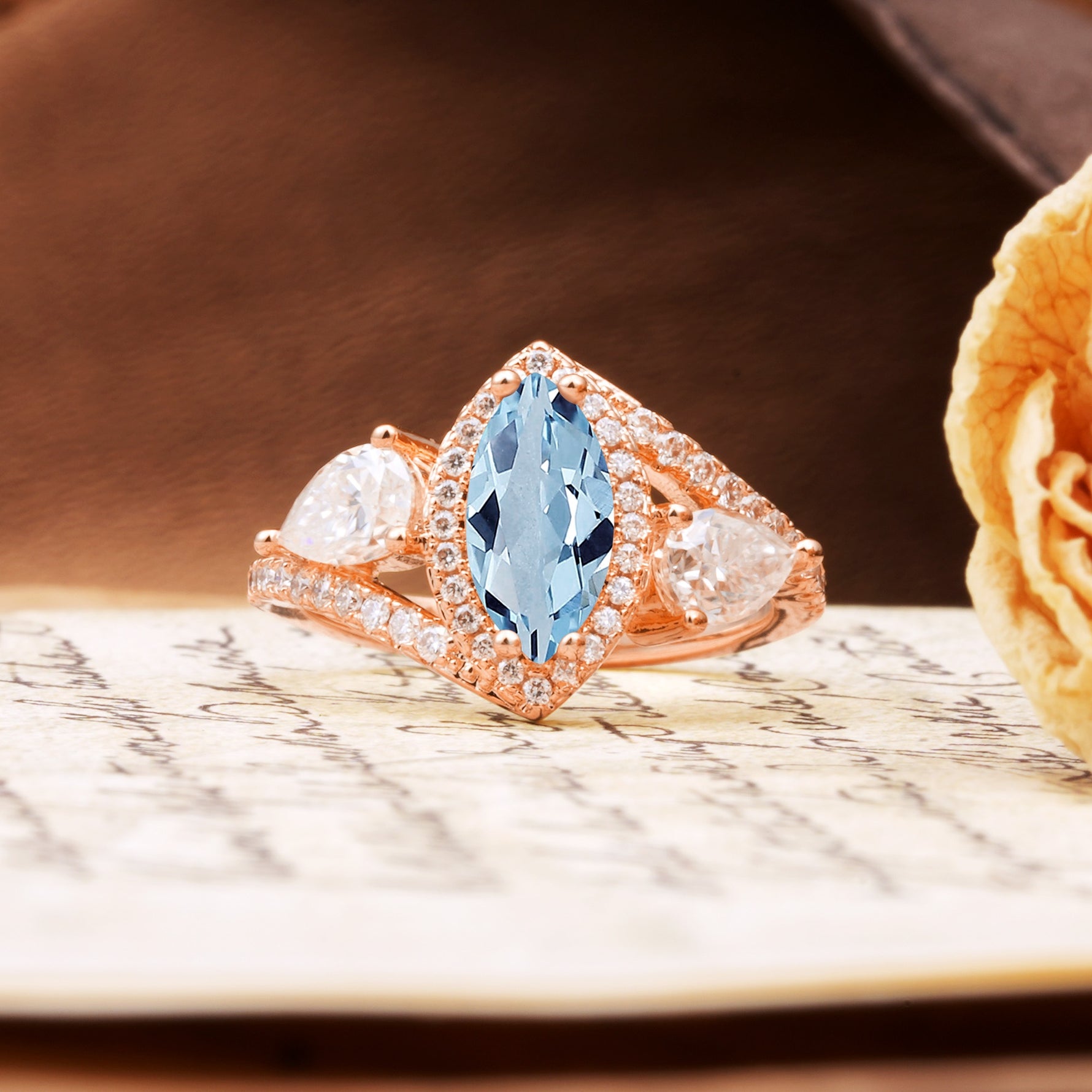 Classic Vintage Luxury 4-Prong Marquise Cut Aquamarine Engagement Ring - Additional view
