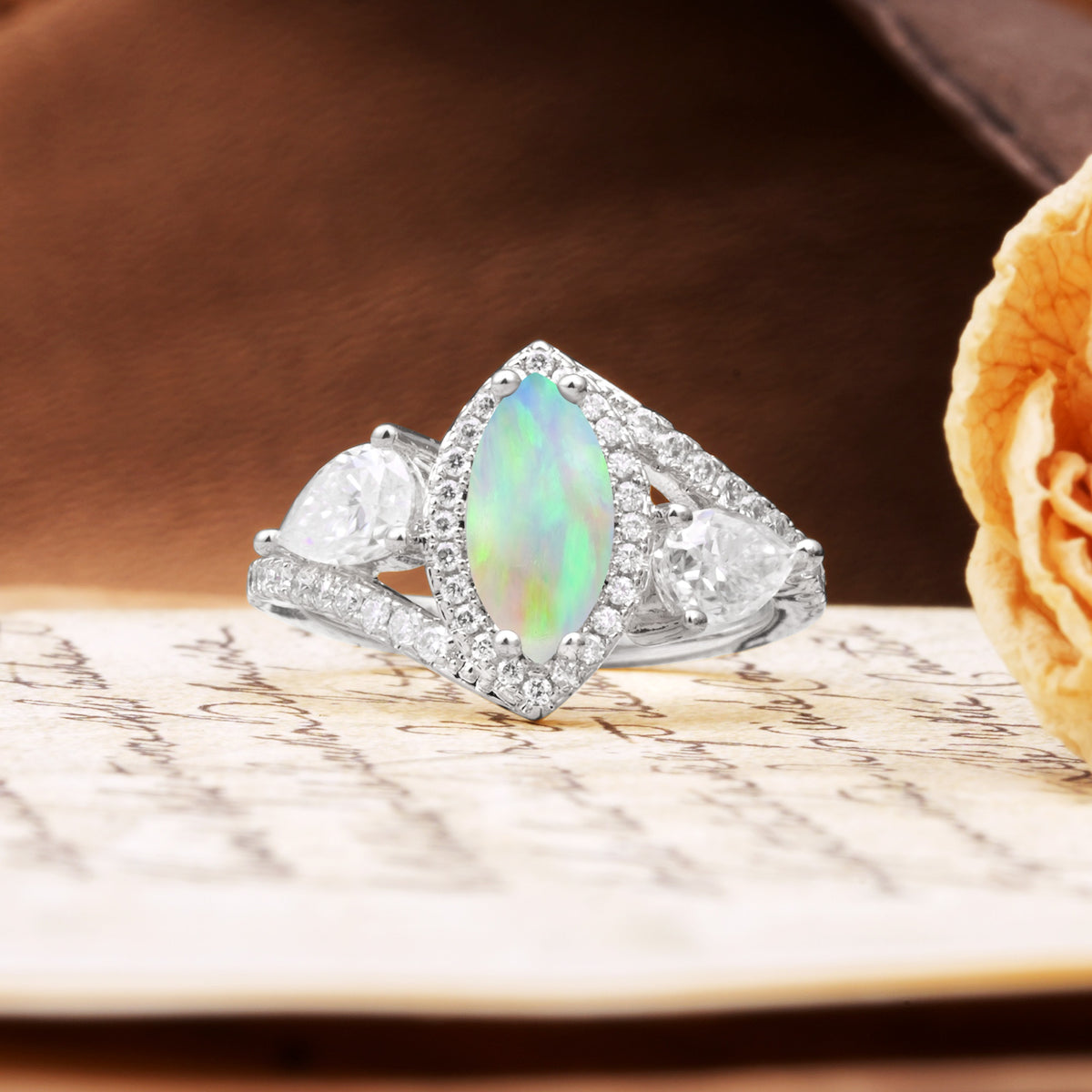 Classic Vintage Luxury 4-Prong Marquise Cut Fire Opal Engagement Ring - Additional view