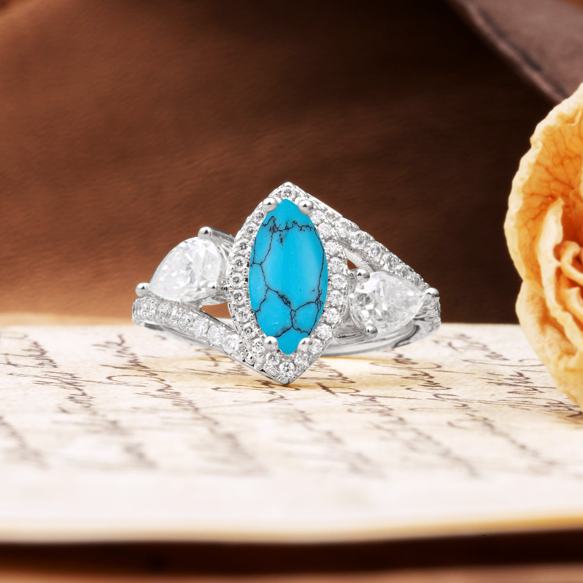Classic Vintage Luxury 4-Prong Marquise Cut Turquoise Engagement Ring - Additional view