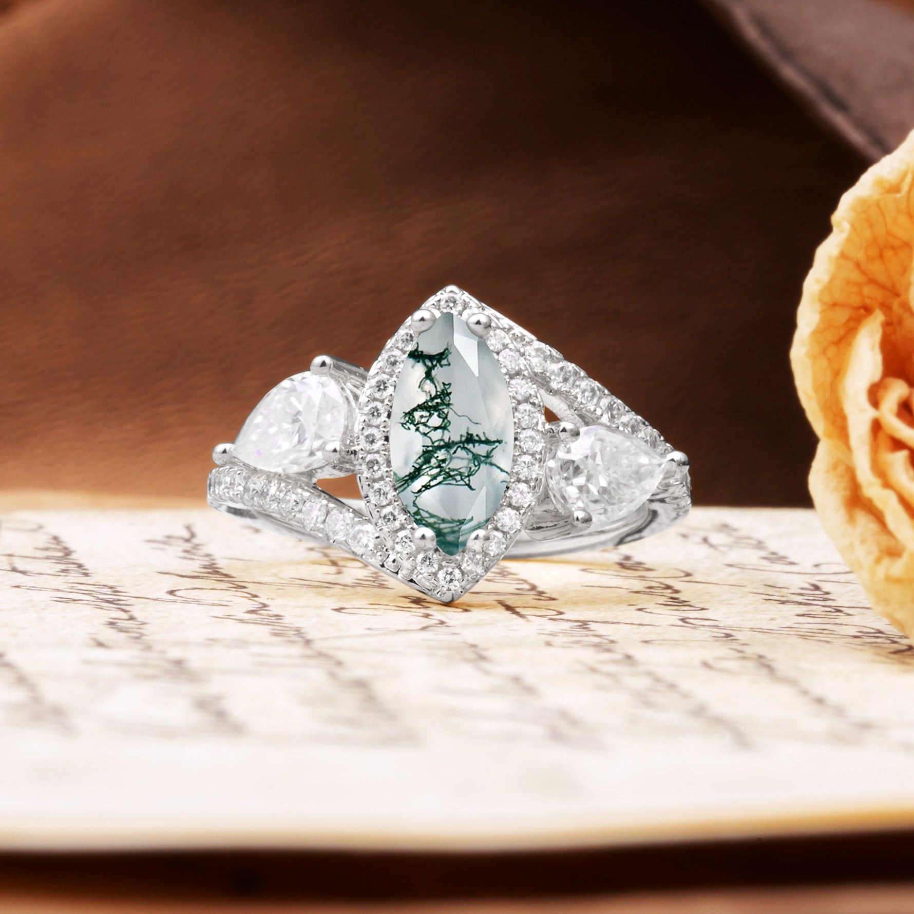 Classic Vintage Luxury 4-Prong Marquise Cut Moss Agate Engagement Ring - Additional view