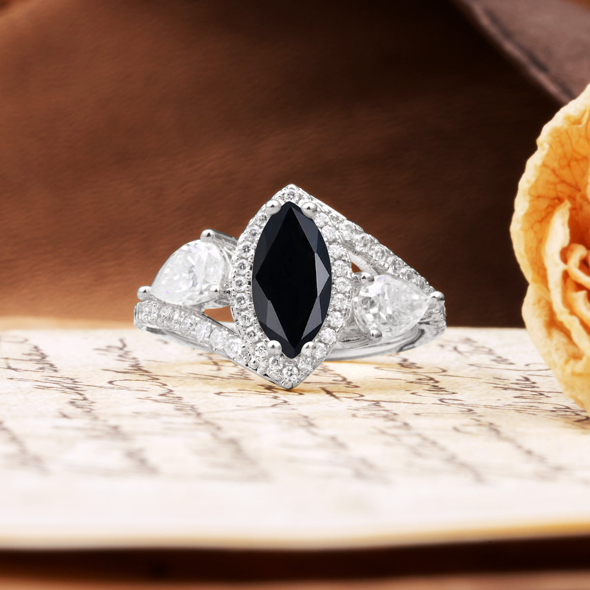 Classic Vintage Luxury 4-Prong Marquise Cut Black Onyx Engagement Ring - Additional view