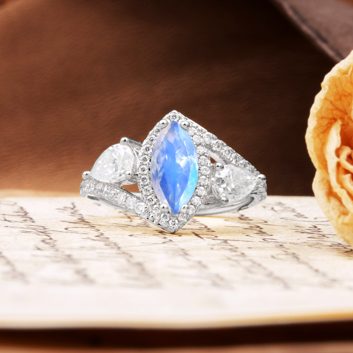 Classic Vintage Luxury 4-Prong Marquise Cut Moonstone Engagement Ring - Additional view