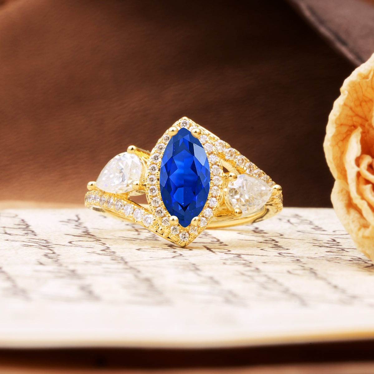 Classic Vintage Luxury 4-Prong Marquise Cut Sapphire Engagement Ring - Additional view