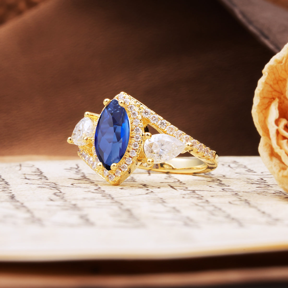 Classic Vintage Luxury 4-Prong Marquise Cut Sapphire Engagement Ring - Additional view