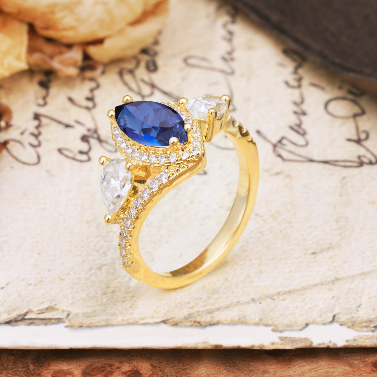 Classic Vintage Luxury 4-Prong Marquise Cut Sapphire Engagement Ring - Additional view