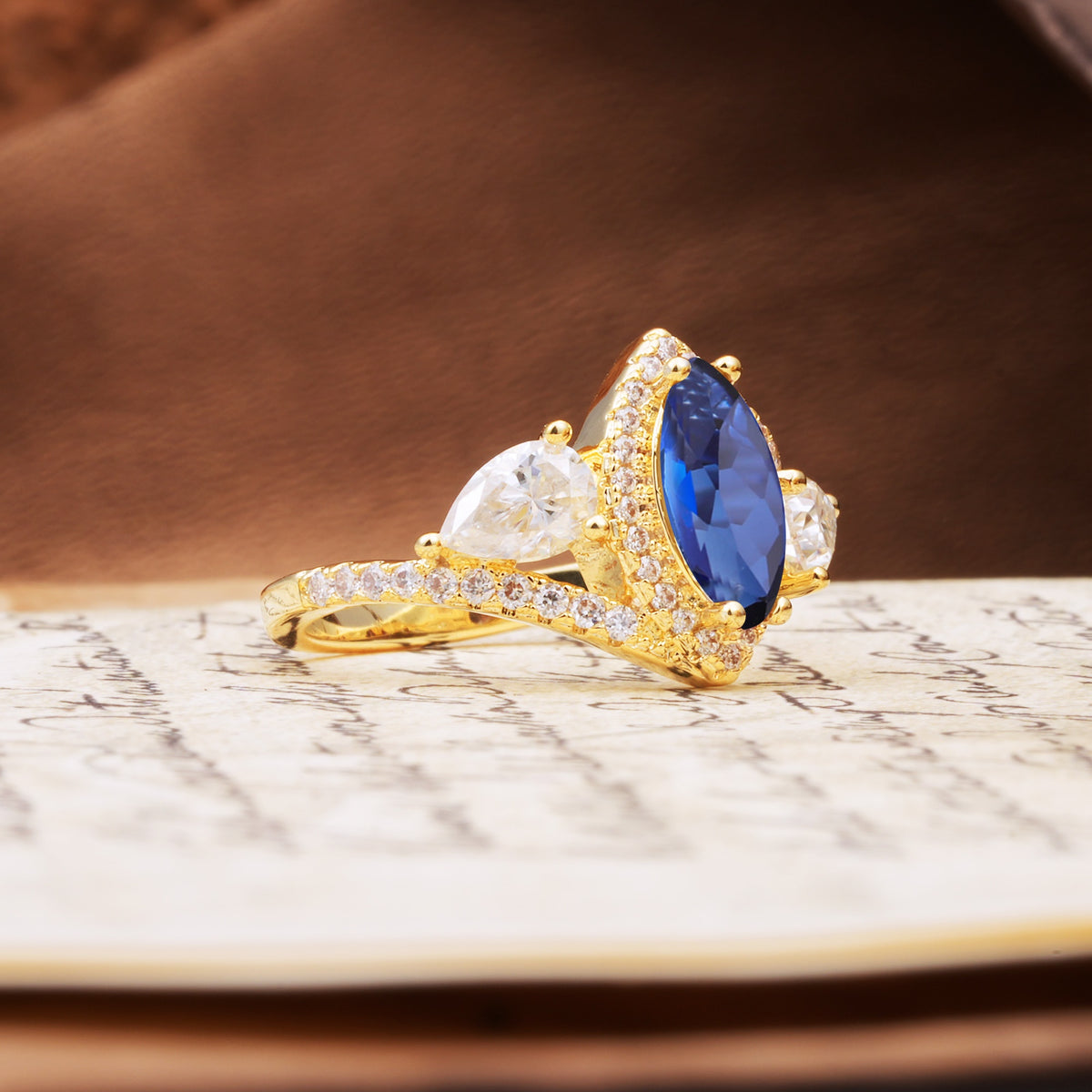 Classic Vintage Luxury 4-Prong Marquise Cut Sapphire Engagement Ring - Additional view