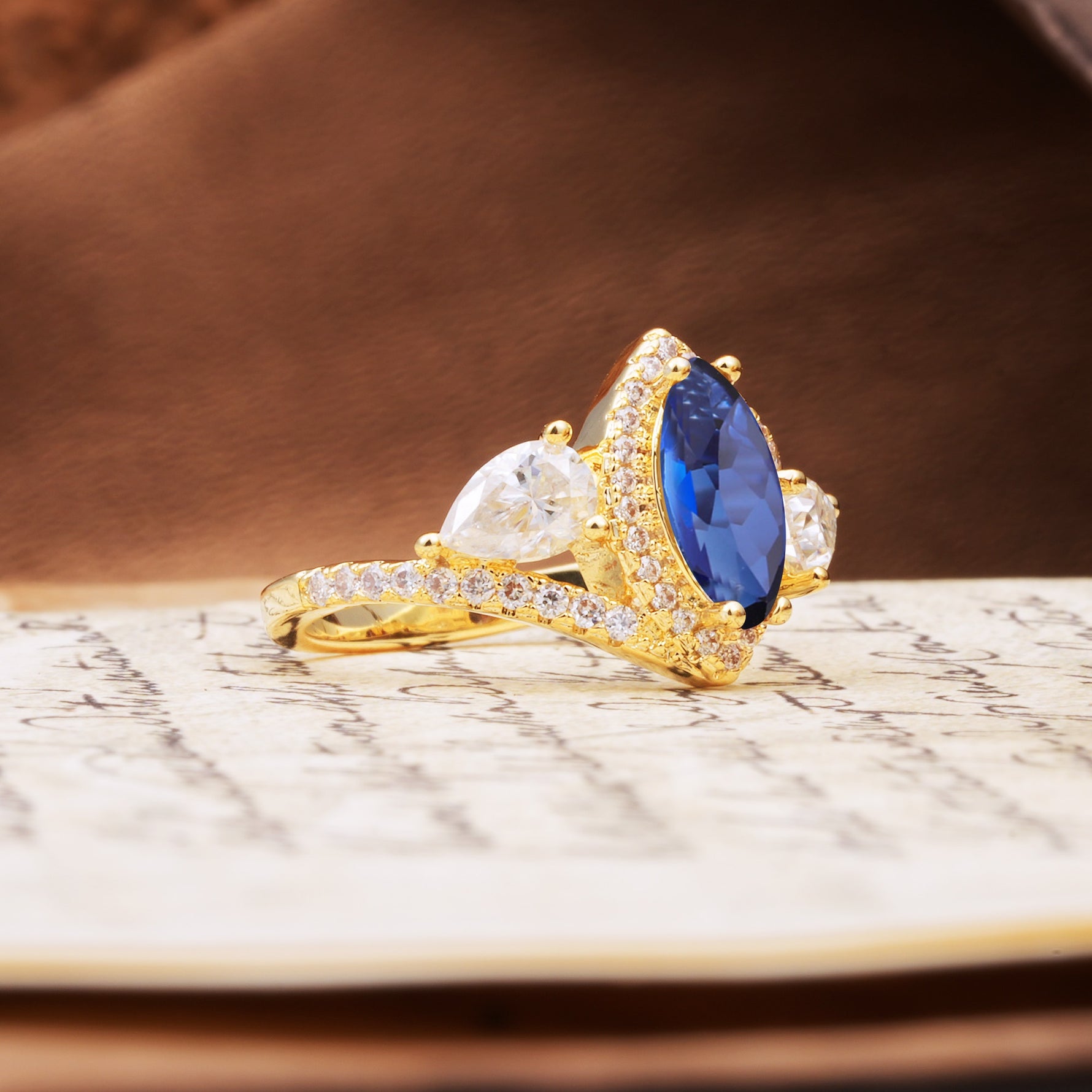 Classic Vintage Luxury 4-Prong Marquise Cut Sapphire Engagement Ring - Additional view