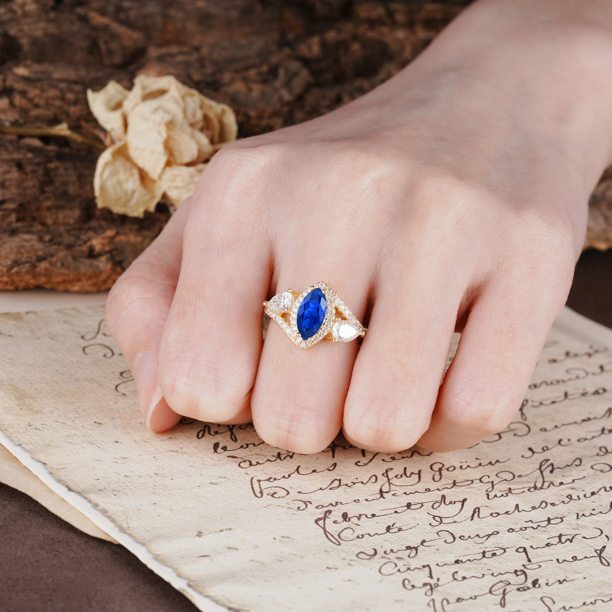 Classic Vintage Luxury 4-Prong Marquise Cut Sapphire Engagement Ring - Additional view