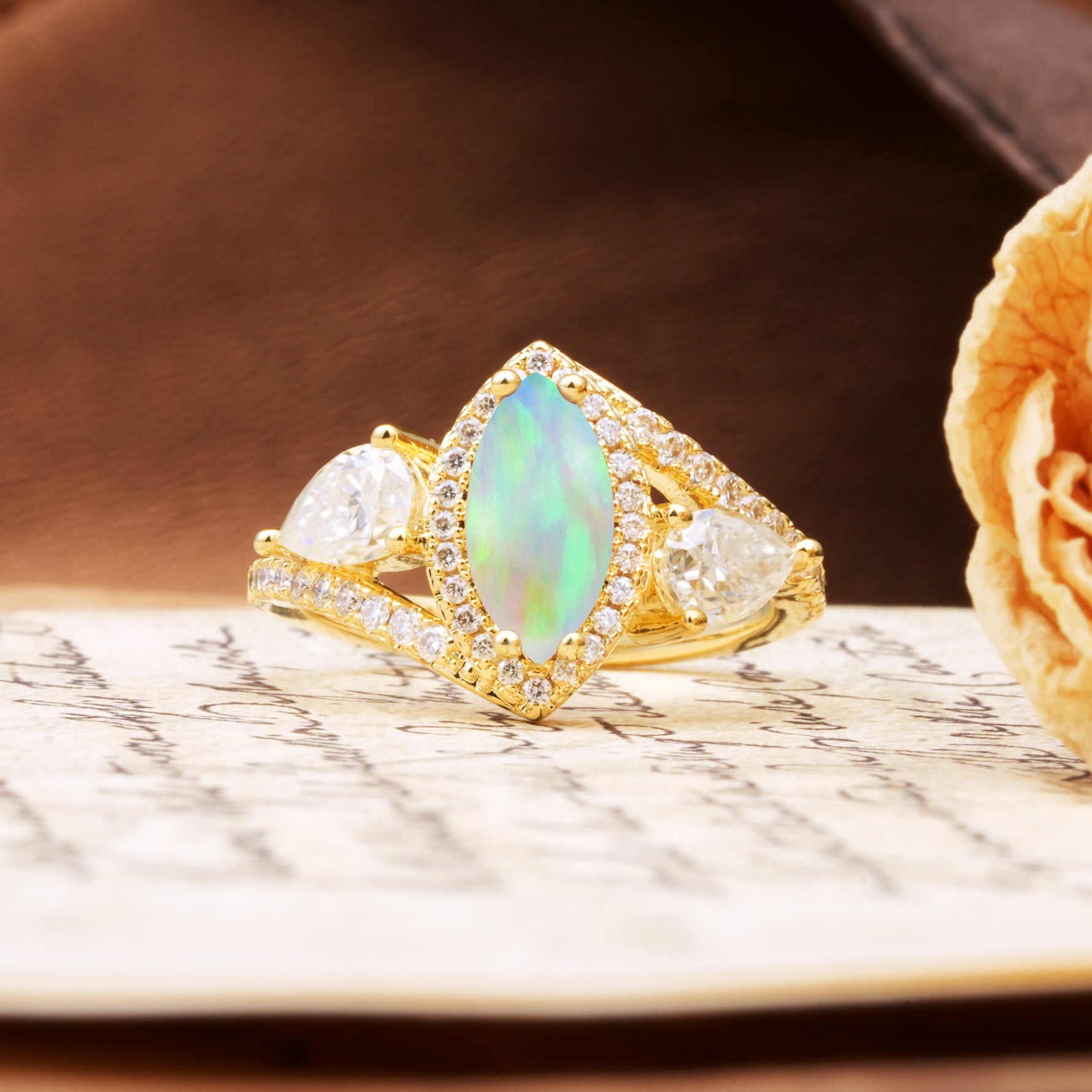 Classic Vintage Luxury 4-Prong Marquise Cut Fire Opal Engagement Ring - Additional view