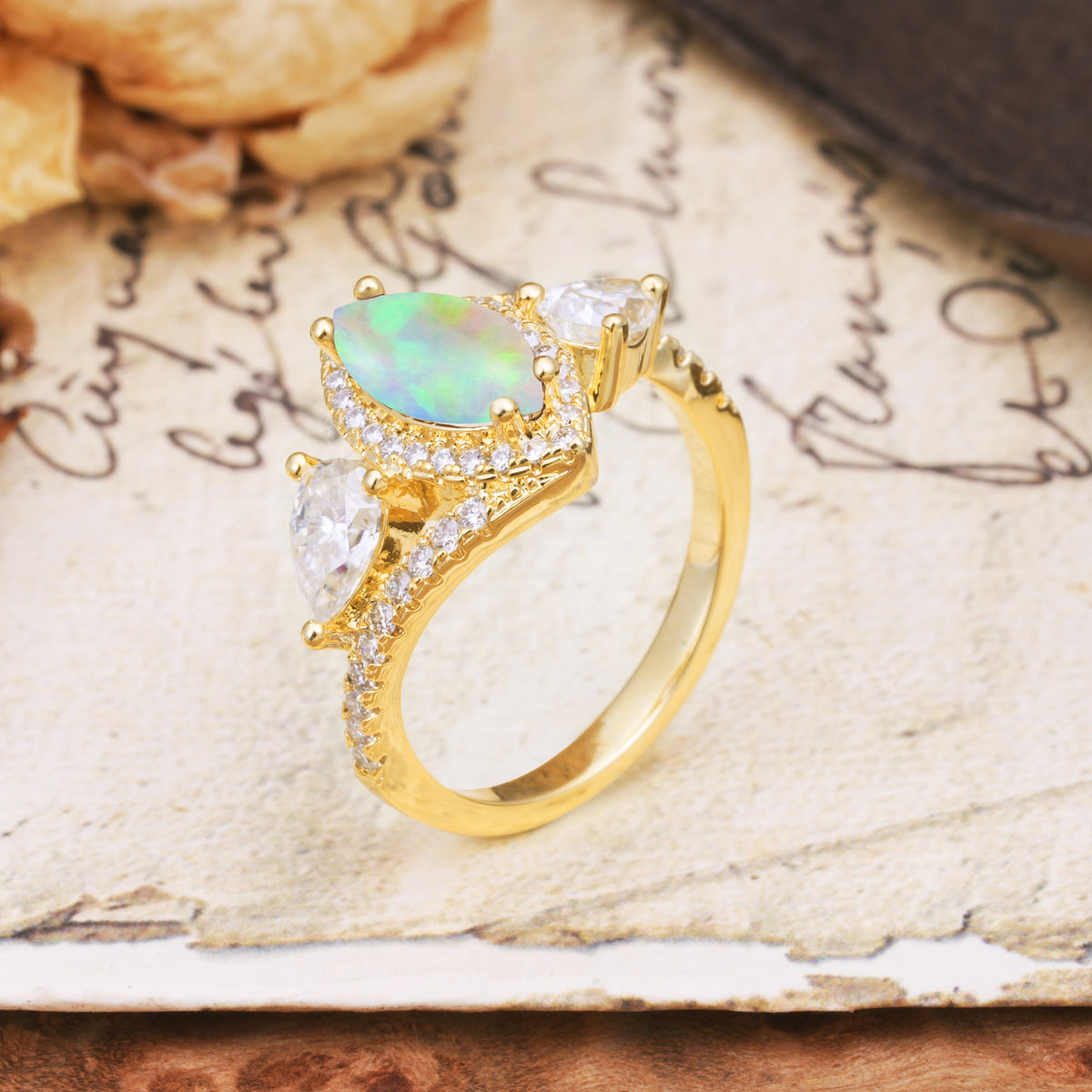 Classic Vintage Luxury 4-Prong Marquise Cut Fire Opal Engagement Ring - Additional view