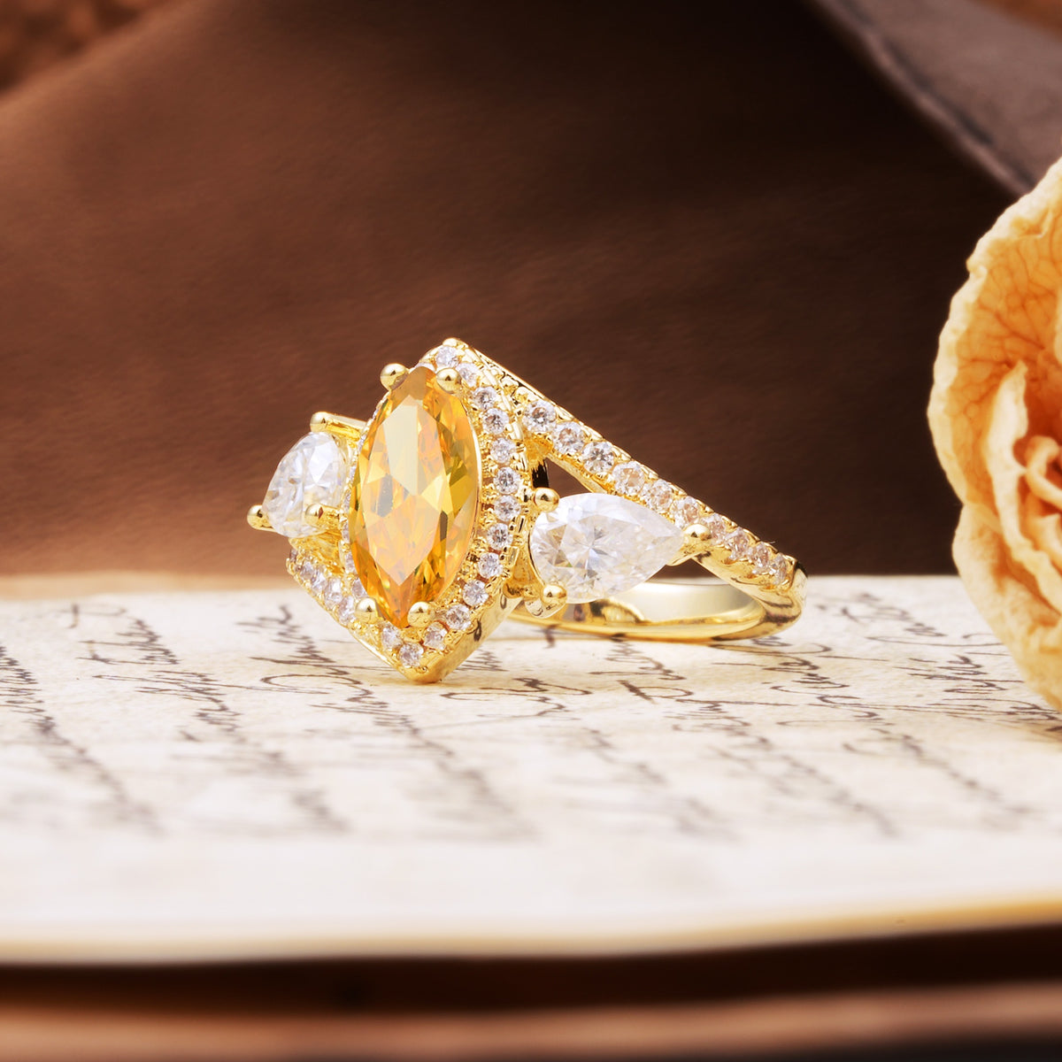 Classic Vintage Luxury 4-Prong Marquise Cut Citrine Engagement Ring - Additional view