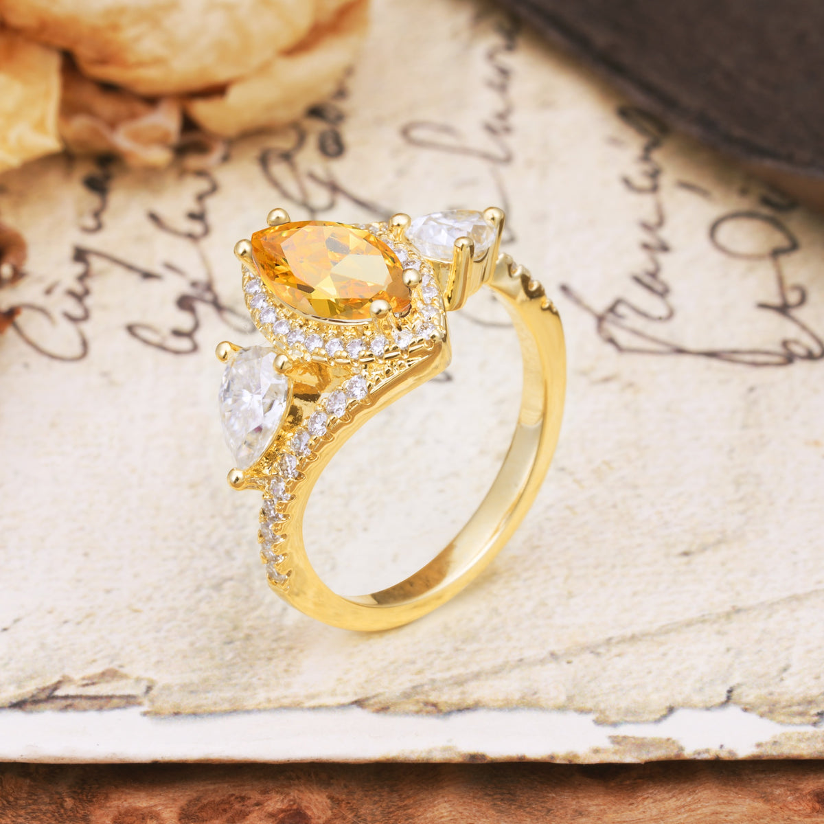 Classic Vintage Luxury 4-Prong Marquise Cut Citrine Engagement Ring - Additional view