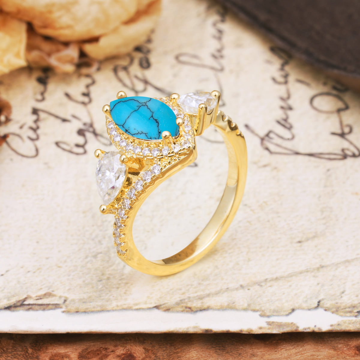 Classic Vintage Luxury 4-Prong Marquise Cut Turquoise Engagement Ring - Additional view