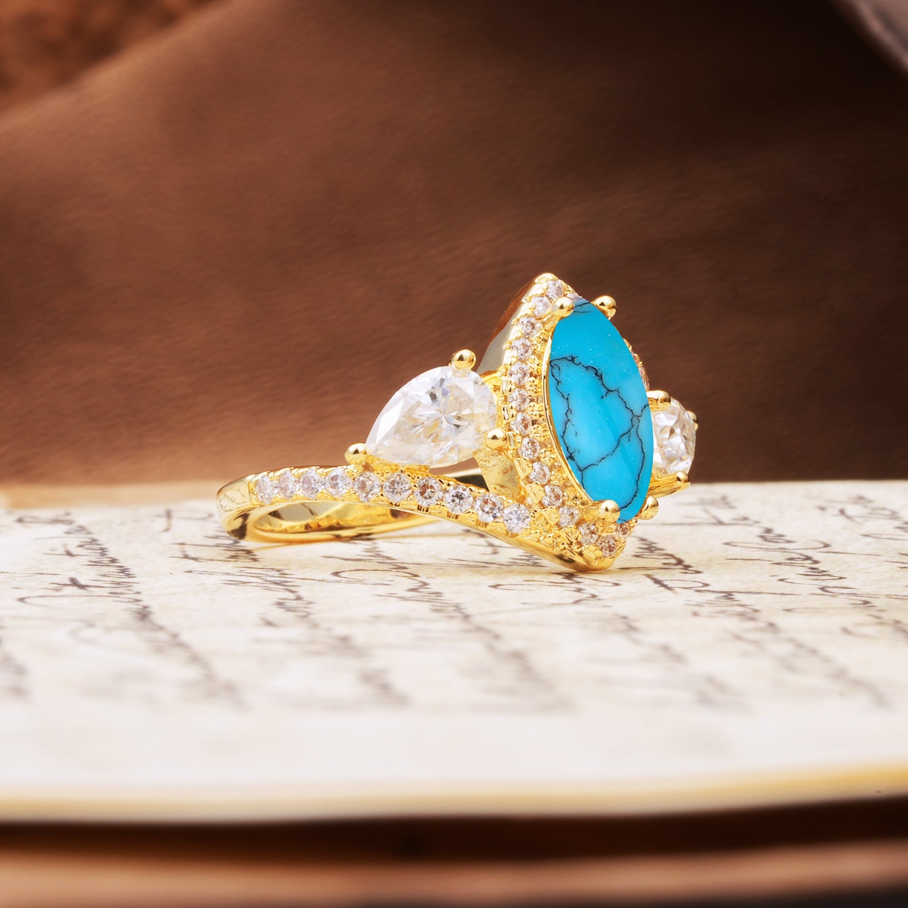 Classic Vintage Luxury 4-Prong Marquise Cut Turquoise Engagement Ring - Additional view
