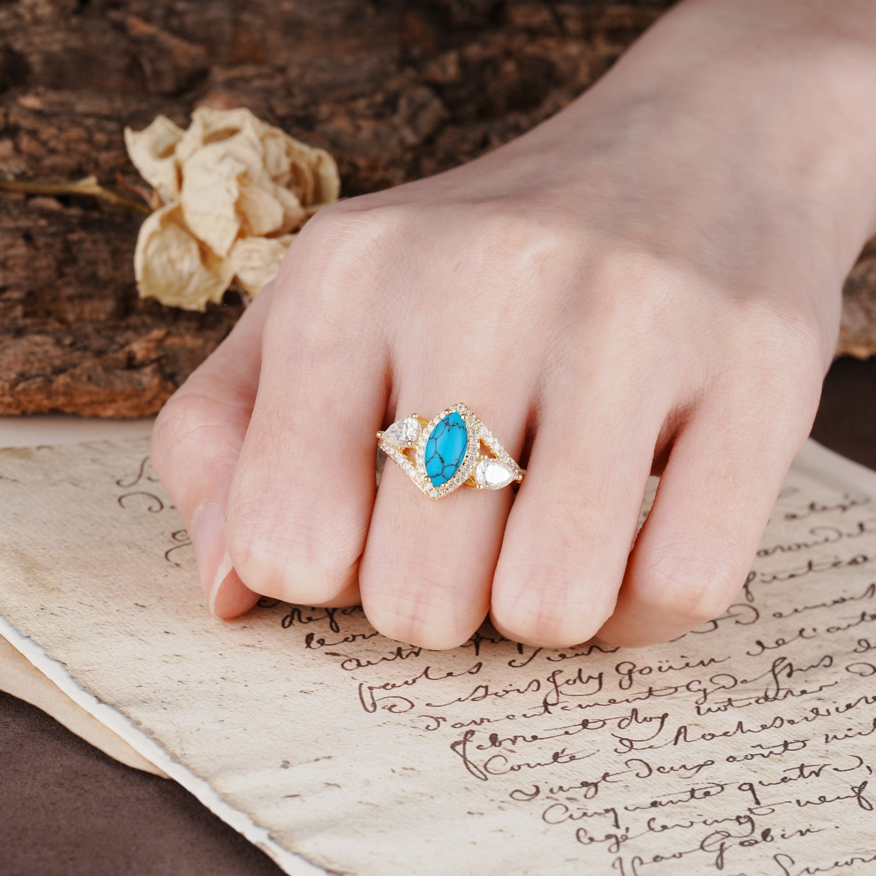 Classic Vintage Luxury 4-Prong Marquise Cut Turquoise Engagement Ring - Additional view