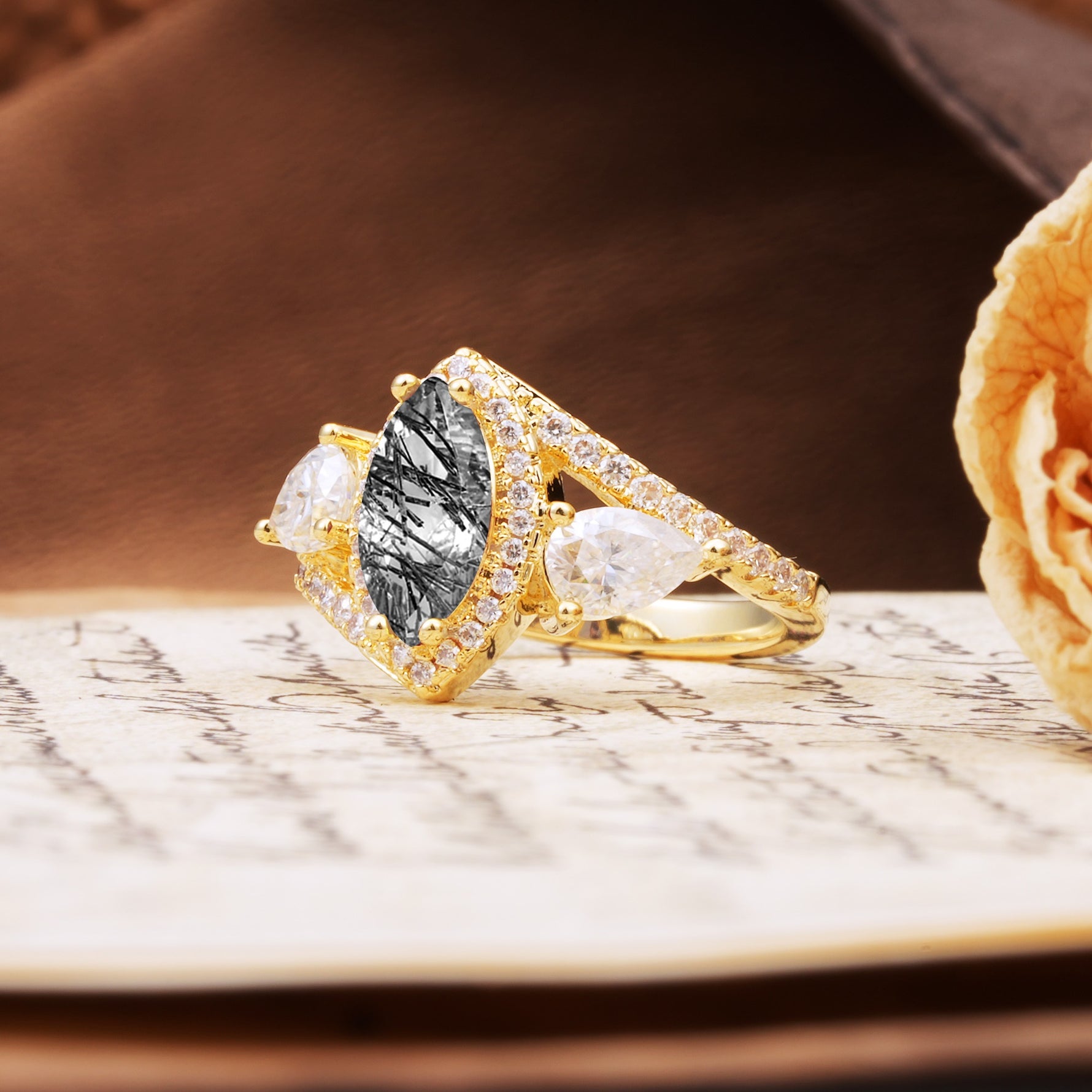 Classic Vintage Luxury 4-Prong Marquise Cut Black Rutilated Quartz Engagement Ring - Additional view