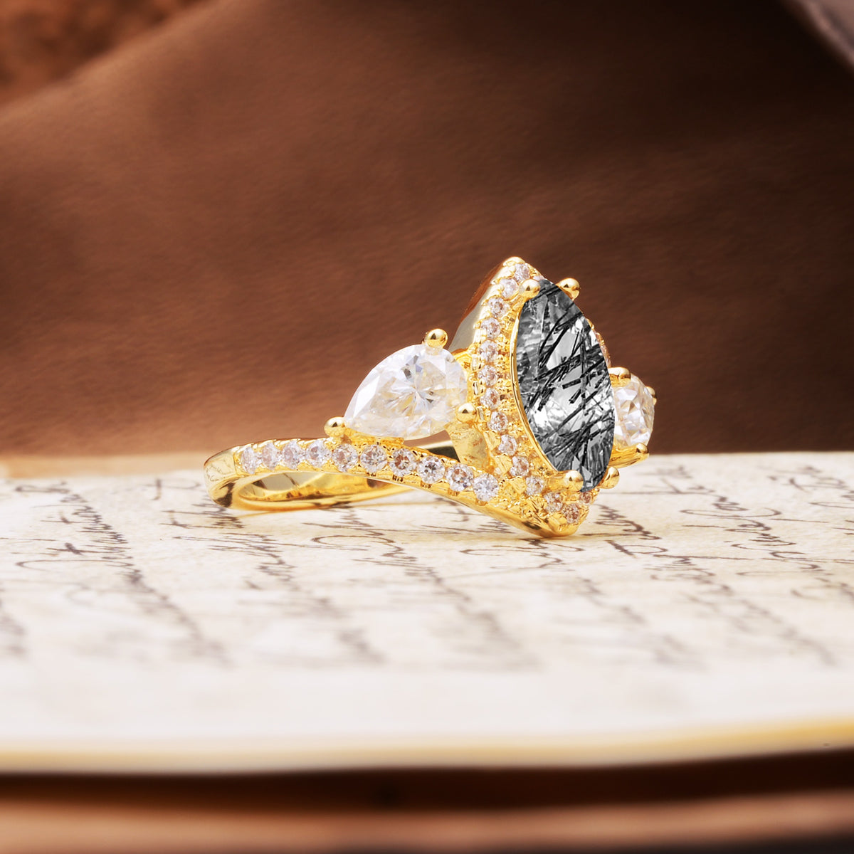 Classic Vintage Luxury 4-Prong Marquise Cut Black Rutilated Quartz Engagement Ring - Additional view