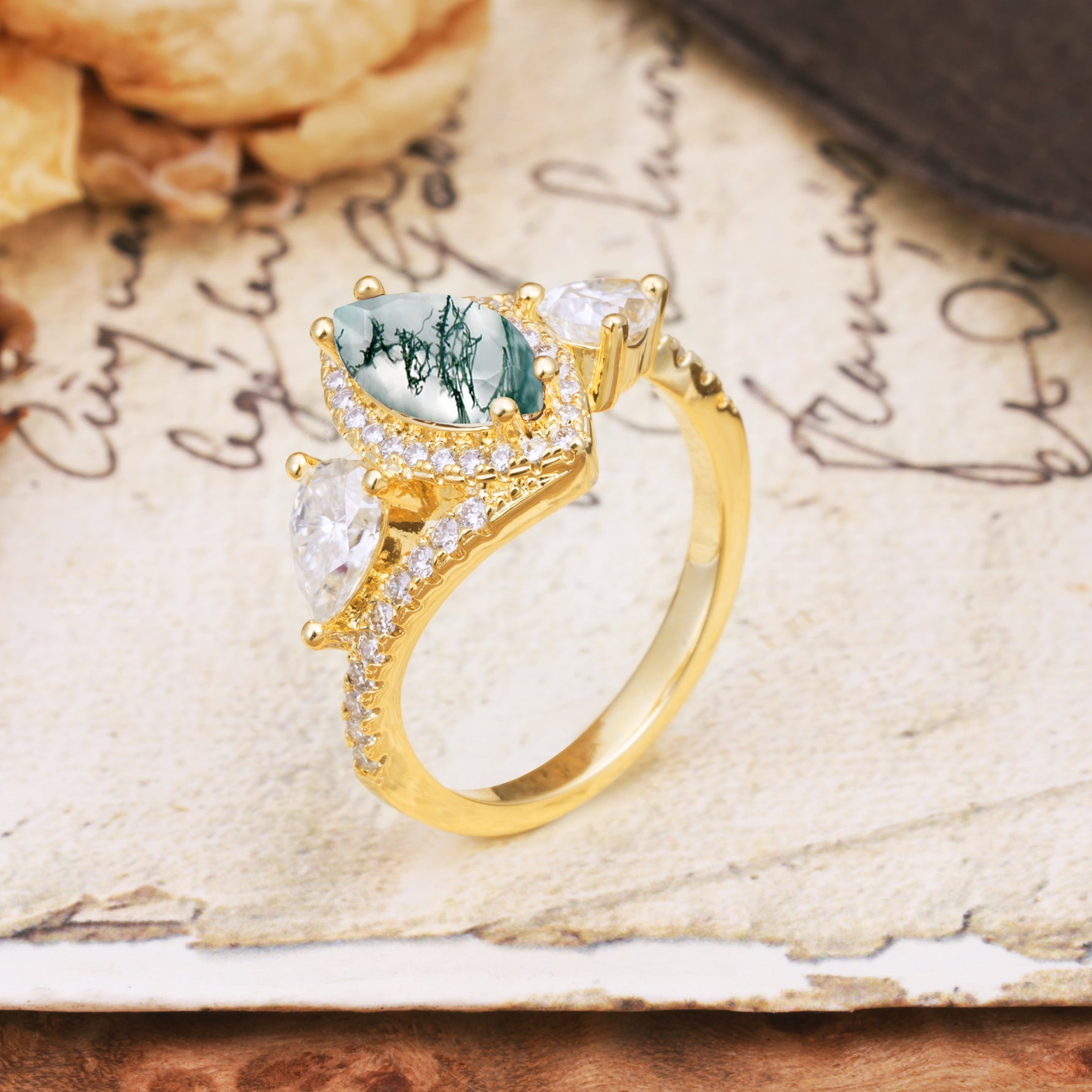 Classic Vintage Luxury 4-Prong Marquise Cut Moss Agate Engagement Ring - Additional view