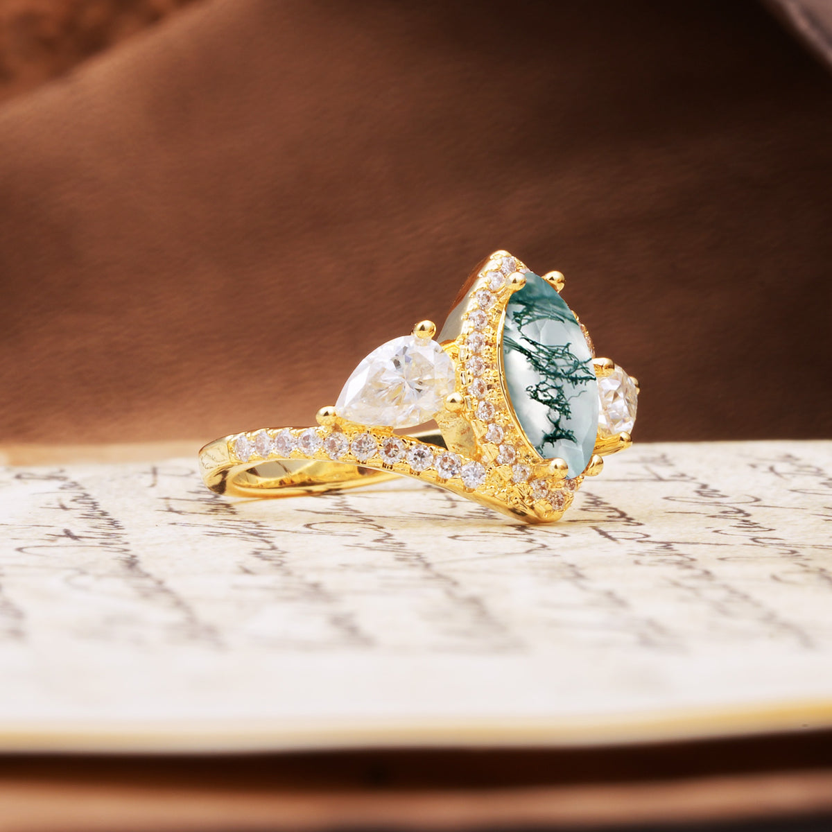 Classic Vintage Luxury 4-Prong Marquise Cut Moss Agate Engagement Ring - Additional view