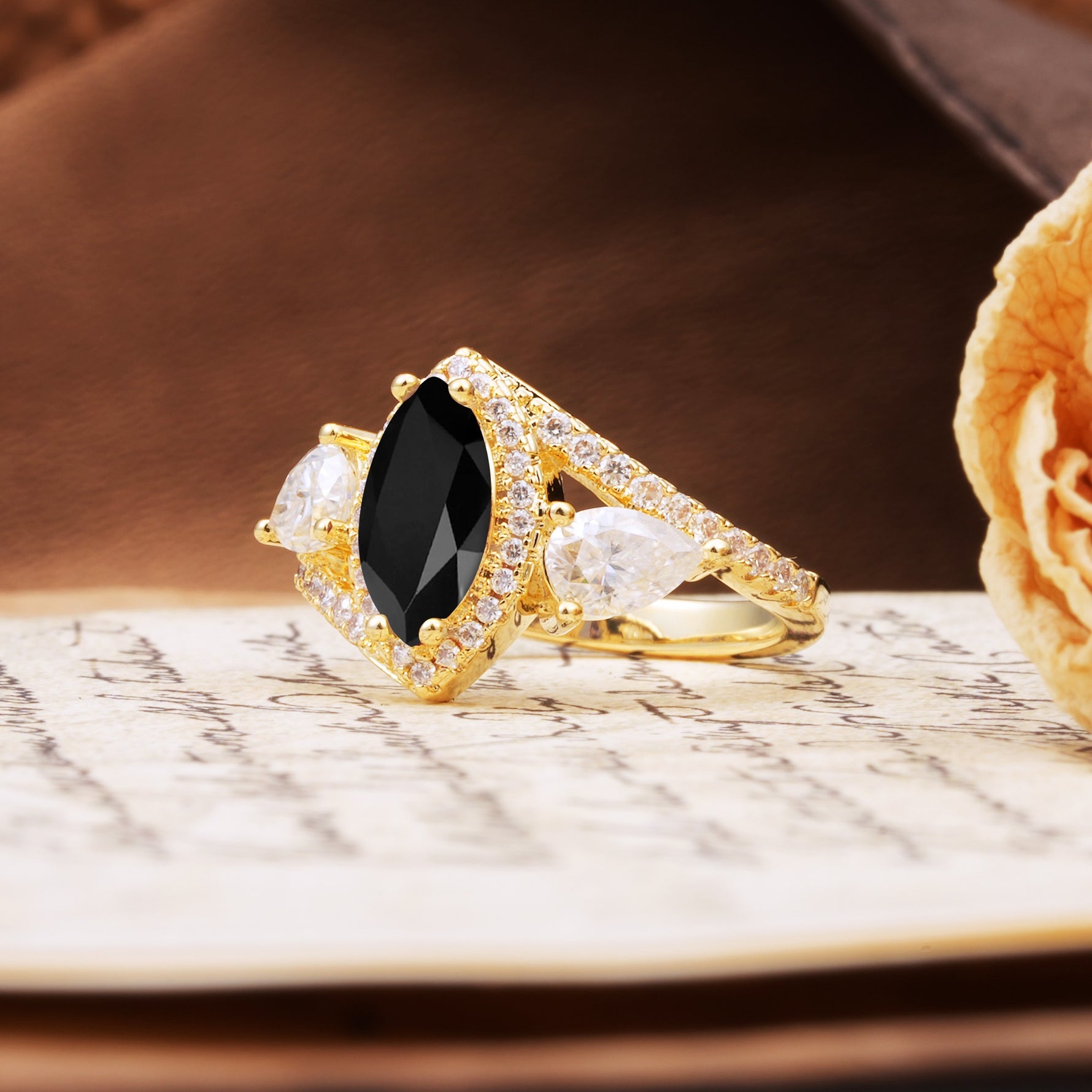 Classic Vintage Luxury 4-Prong Marquise Cut Black Onyx Engagement Ring - Additional view