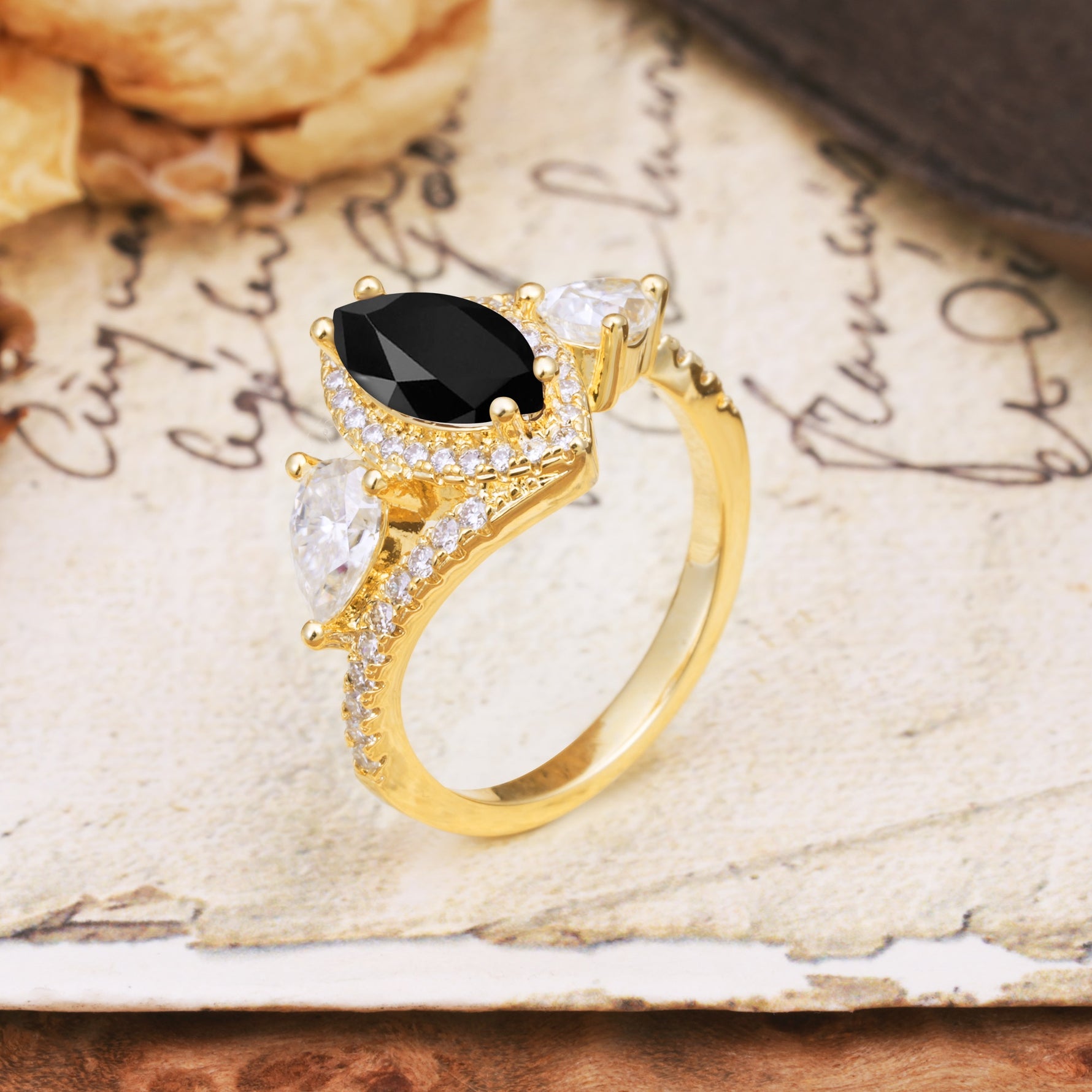Classic Vintage Luxury 4-Prong Marquise Cut Black Onyx Engagement Ring - Additional view