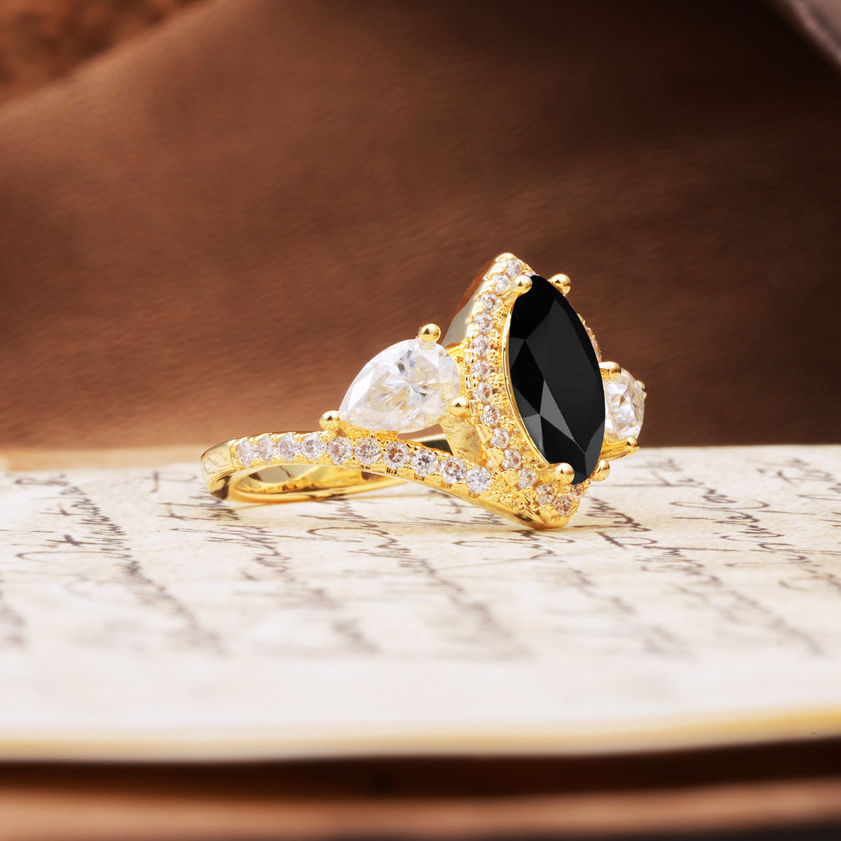 Classic Vintage Luxury 4-Prong Marquise Cut Black Onyx Engagement Ring - Additional view