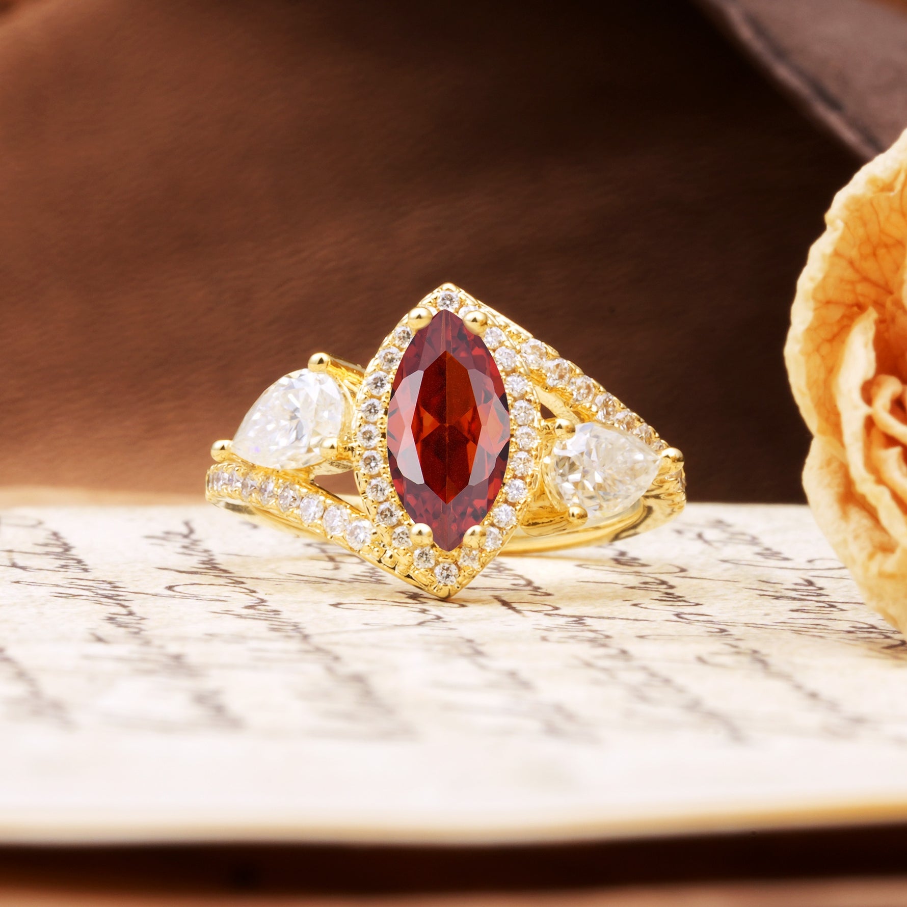 Classic Vintage Luxury 4-Prong Marquise Cut Garnet Engagement Ring - Additional view