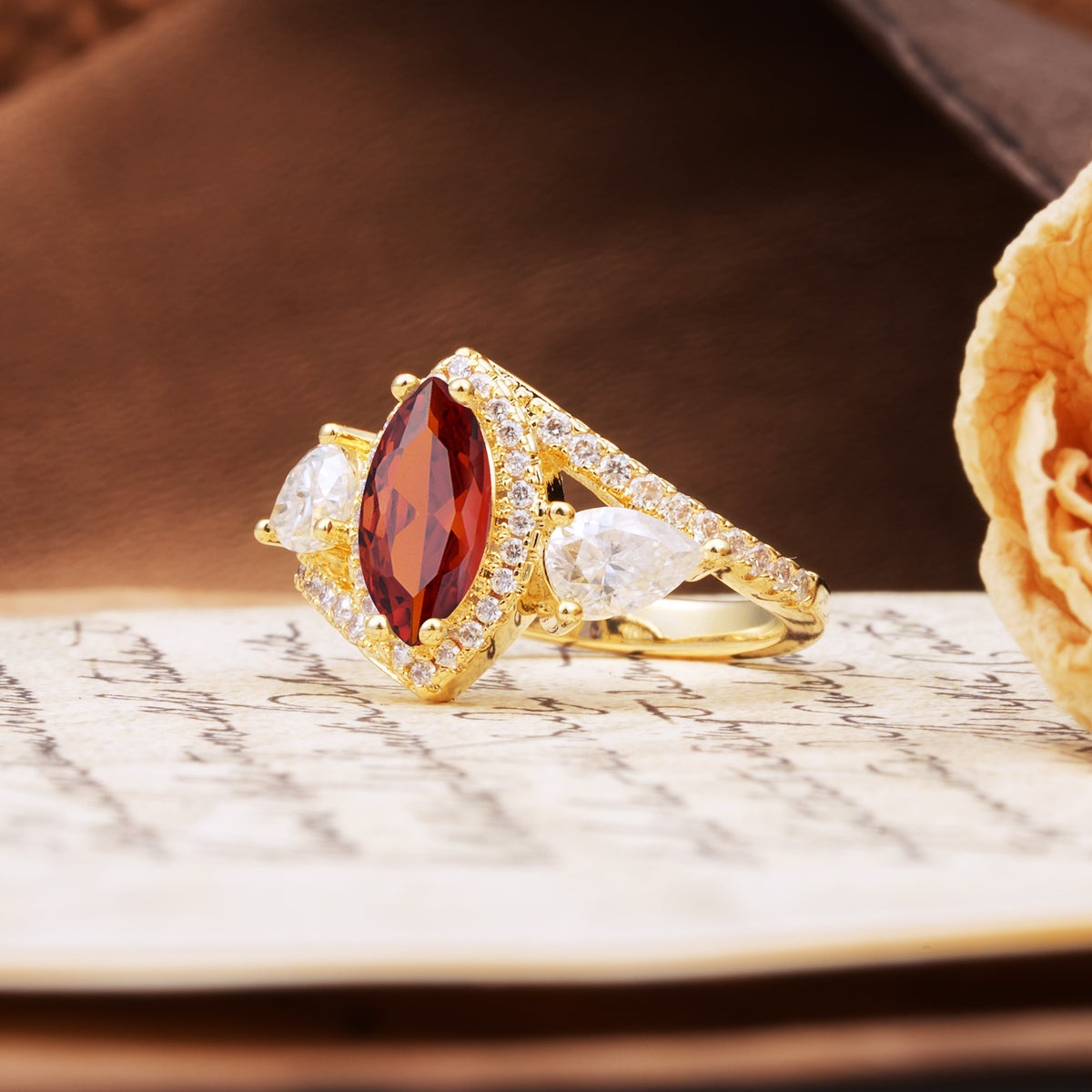Classic Vintage Luxury 4-Prong Marquise Cut Garnet Engagement Ring - Additional view