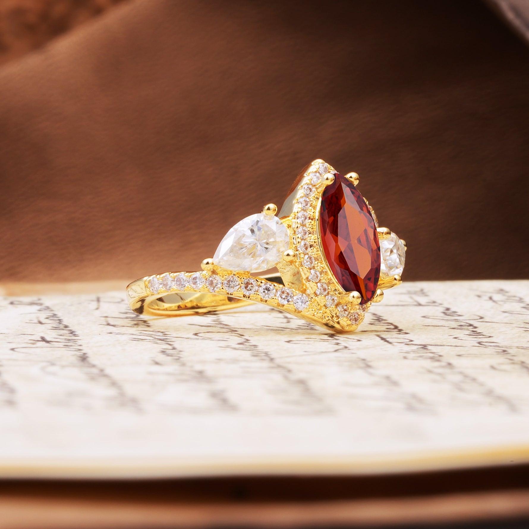 Classic Vintage Luxury 4-Prong Marquise Cut Garnet Engagement Ring - Additional view
