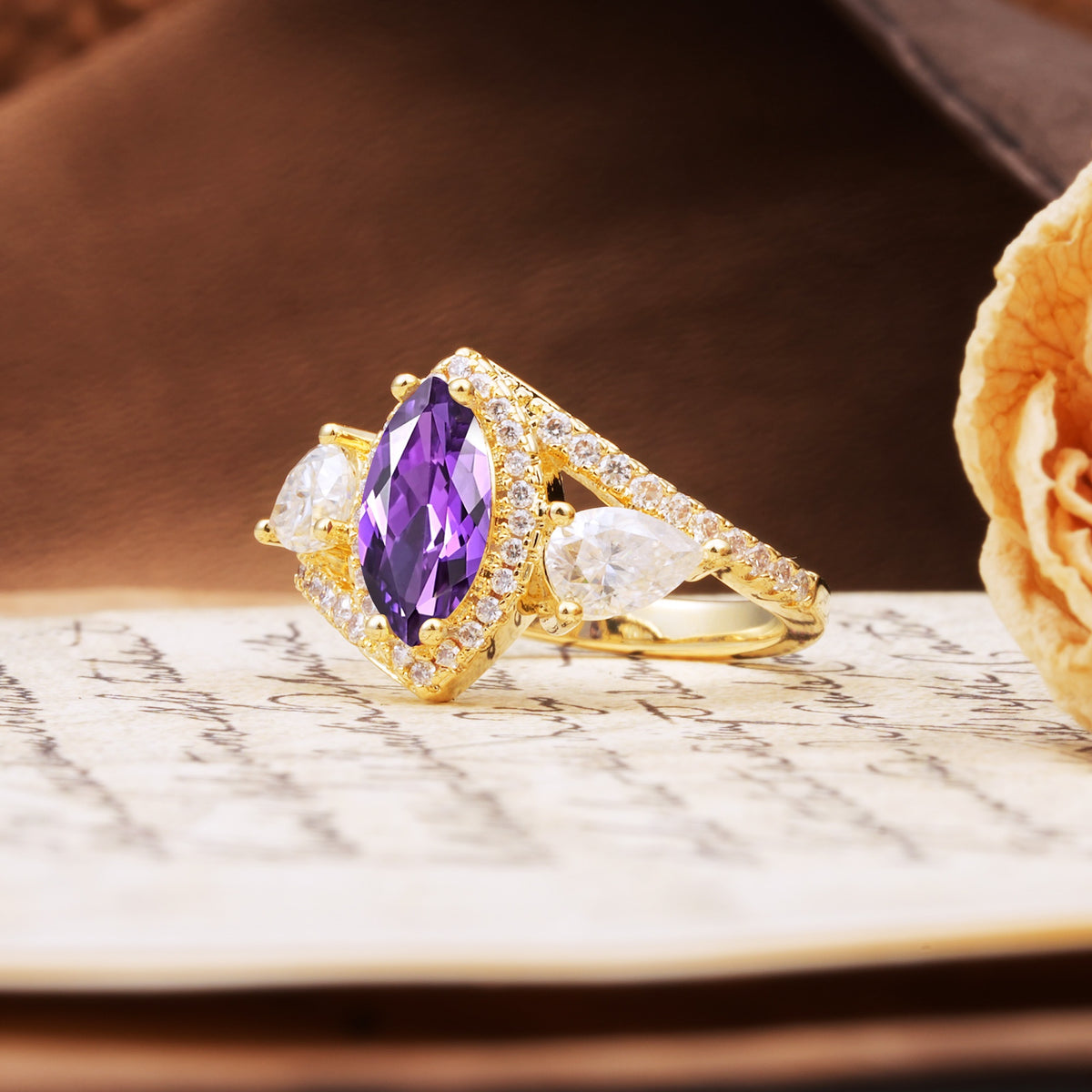 Classic Vintage Luxury 4-Prong Marquise Cut Amethyst Engagement Ring - Additional view