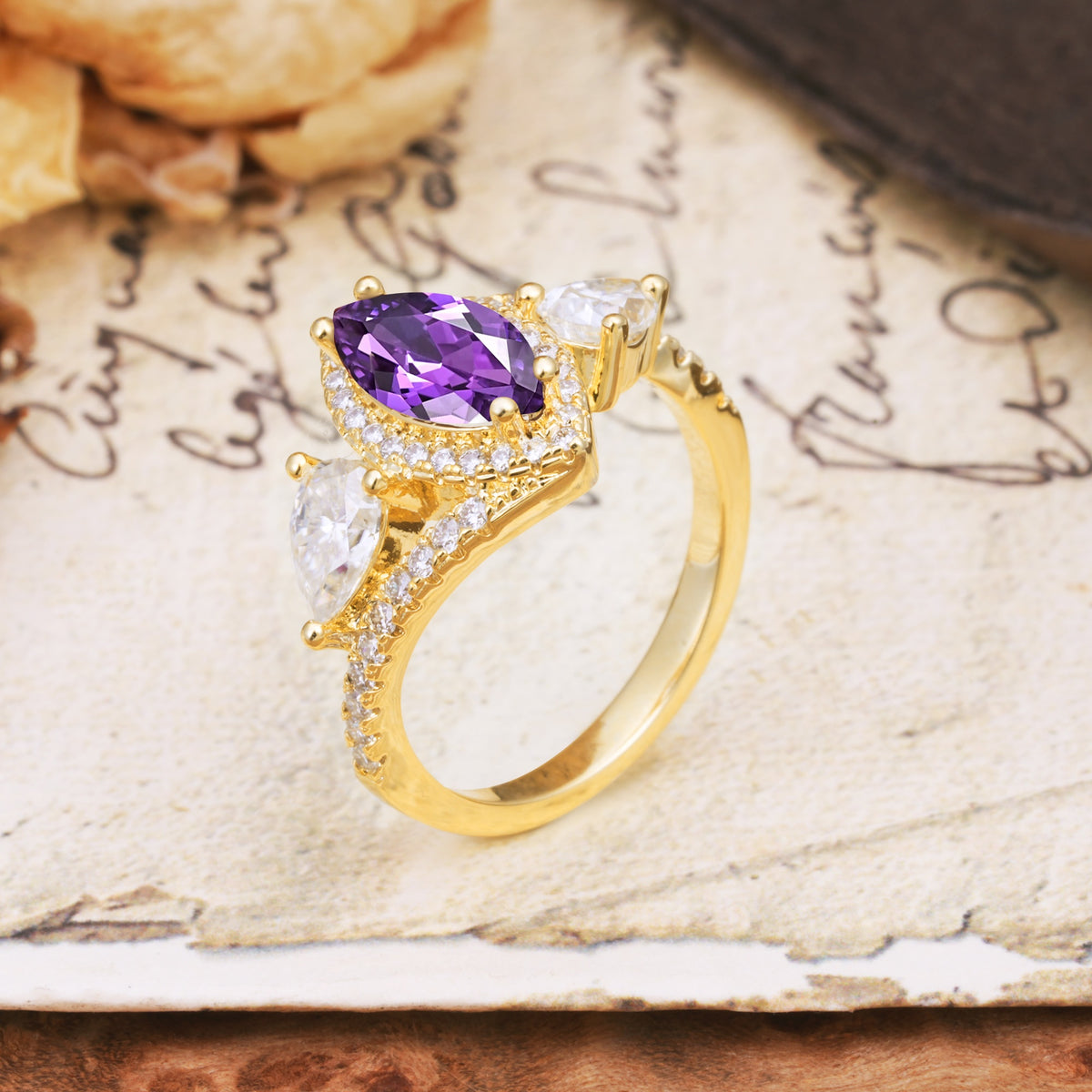 Classic Vintage Luxury 4-Prong Marquise Cut Amethyst Engagement Ring - Additional view