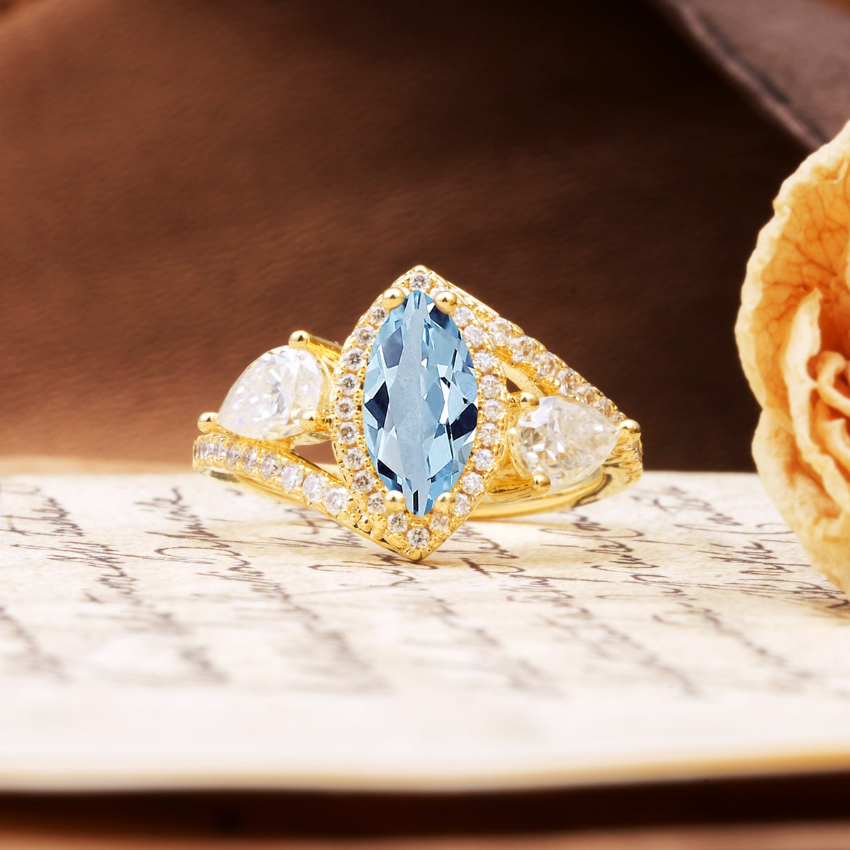 Classic Vintage Luxury 4-Prong Marquise Cut Aquamarine Engagement Ring - Additional view