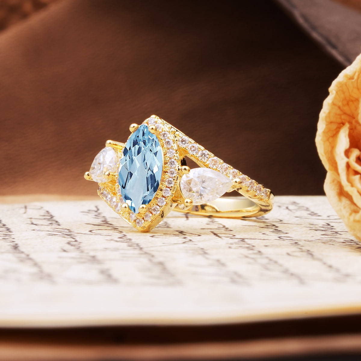 Classic Vintage Luxury 4-Prong Marquise Cut Aquamarine Engagement Ring - Additional view