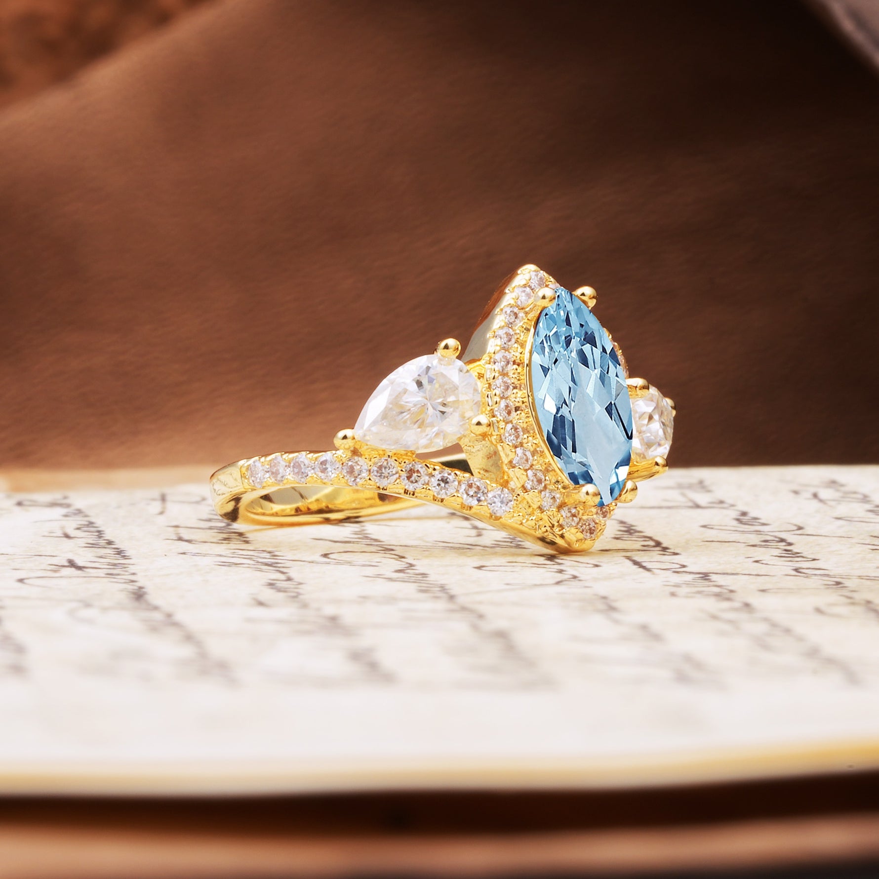 Classic Vintage Luxury 4-Prong Marquise Cut Aquamarine Engagement Ring - Additional view