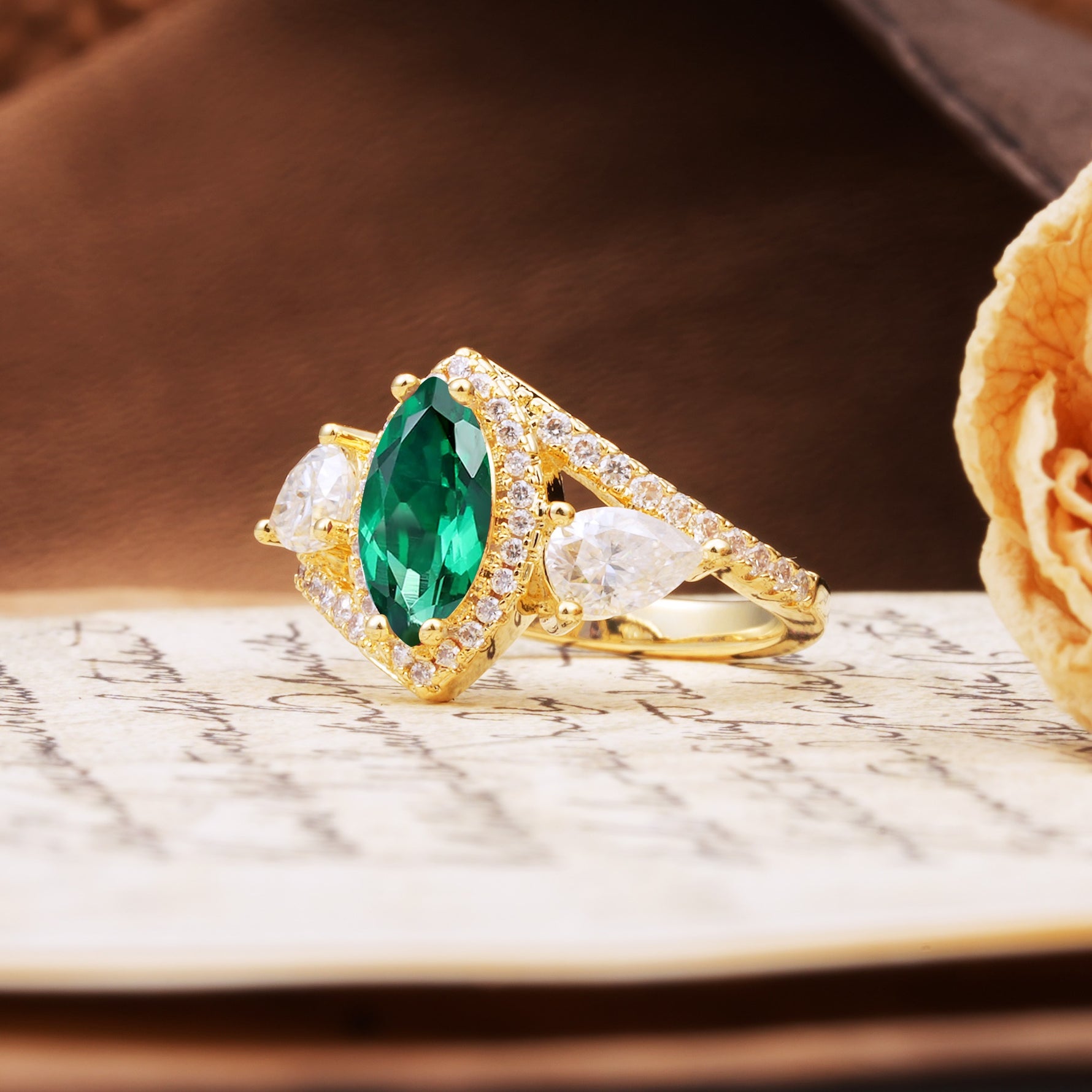 Classic Vintage Luxury 4-Prong Marquise Cut Emerald Engagement Ring - Additional view